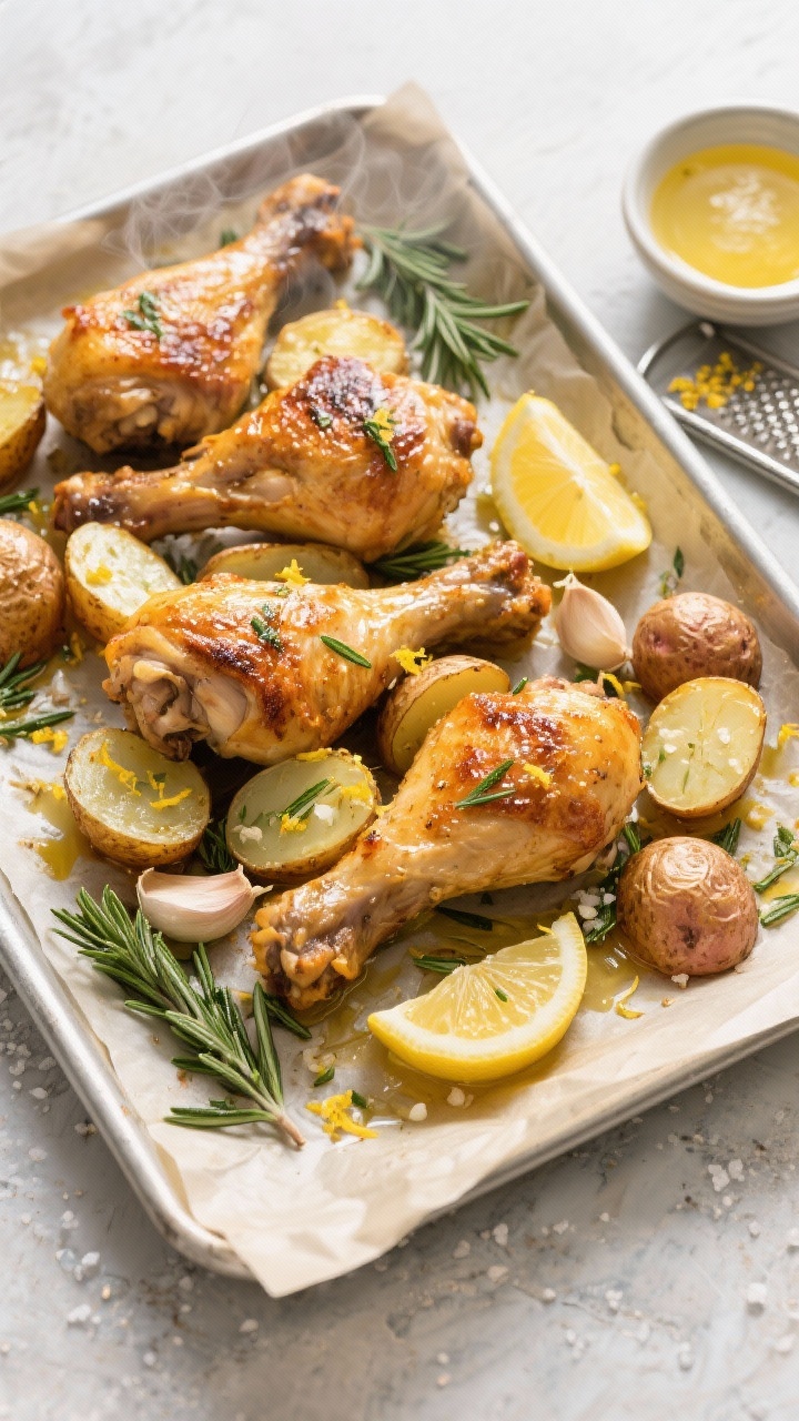Overhead flat lay of crispy lemon-garlic roasted chicken legs with herby potatoes: golden bone-in, skin-on chicken legs nestled among halved baby potatoes, tossed with lemon zest, lemon wedges, minced garlic, and chopped fresh rosemary on a parchment-lined sheet pan; glistening olive oil sheen, crackly skin texture, scattered rosemary needles, and coarse sea salt; warm natural light, light stone surface, a small bowl of lemon juice and a microplane with zest nearby; steam subtly rising, crisp edges on potatoes emphasizing roastiness.