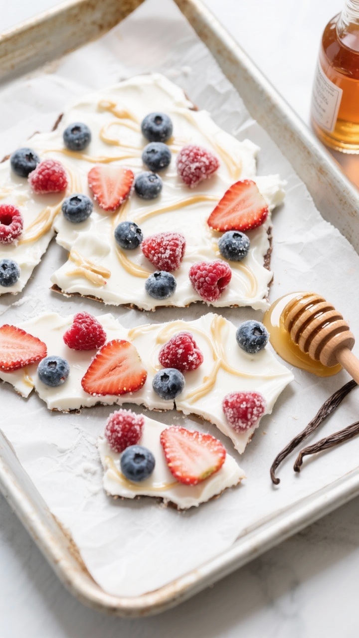 Overhead flat lay of Greek yogurt berry bark on a parchment-lined sheet pan, broken into irregular shards; thick white Greek yogurt base lightly swirled with honey and vanilla, studded with mixed berries—sliced strawberries, blueberries, raspberries—frozen look with frosty edges; a honey dipper with a sheen of honey to the side, vanilla extract bottle partially in frame; bright, cool light for a fresh, dessert-like feel.