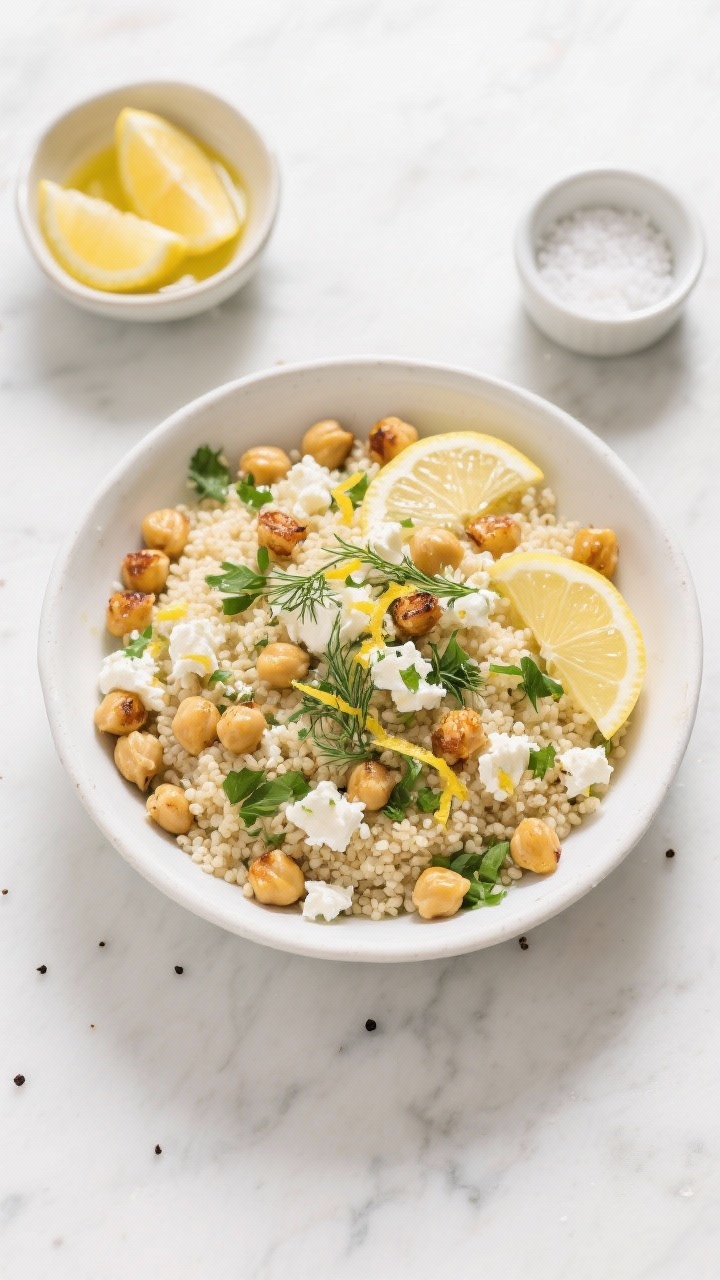 Overhead flat lay of Lemon-Herb Couscous with crispy roasted chickpeas and crumbled feta: fluffy couscous flecked with lemon zest, chopped parsley and dill, thin lemon slices, and a drizzle of extra-virgin olive oil; golden chickpeas scattered for crunch, feta crumbles, and a sprinkle of cracked black pepper. Styled in a wide white ceramic bowl on a light marble surface with a small bowl of lemon wedges and a ramekin of flaky salt; bright, fresh Mediterranean vibe, high contrast, natural daylight, no people.