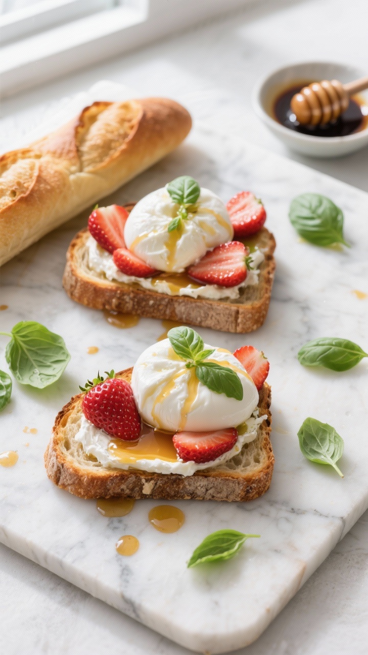 Overhead flat lay of Strawberry Basil Burrata Toasts on a rustic marble slab: thick sourdough slices and a crusty baguette toasted to golden, generously torn creamy burrata, glossy sliced fresh strawberries, a delicate drizzle of honey or hot honey, and ribbons of balsamic glaze pooling slightly; scattered fresh basil leaves, a small dish of balsamic glaze, a honey dipper with a glisten of honey, soft natural window light, crisp textures of toast contrasting with the luscious burrata and juicy berries, clean modern styling, no people.