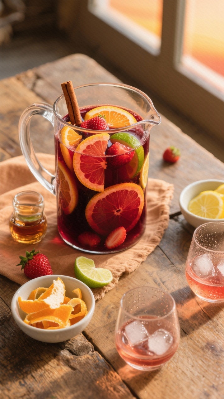 Overhead flat lay of Sunset Citrus Red Sangria in a clear glass pitcher on a rustic wood table: deep garnet dry red wine base with floating orange wheels, blood orange slices, lemon wedges, lime rounds, and a few halved strawberries; cinnamon stick and a splash of brandy on the side; small bowls of citrus peels and ice cubes arranged neatly; two stemless wine glasses partially filled, condensation visible, warm sunset-toned linens to evoke vacation vibes, natural window light, crisp focus, no people.