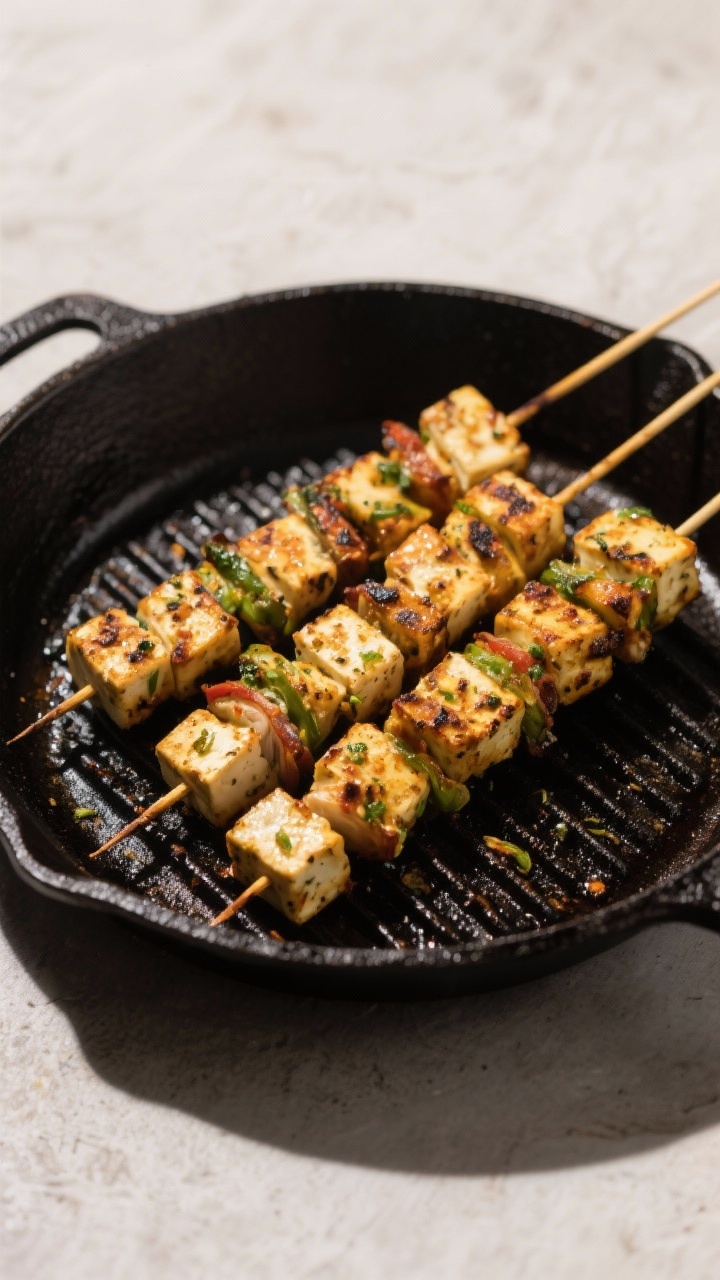 Overhead grilling shot: Paneer tikka skewers arranged diagonally across a hot cast-iron grill pan, featuring