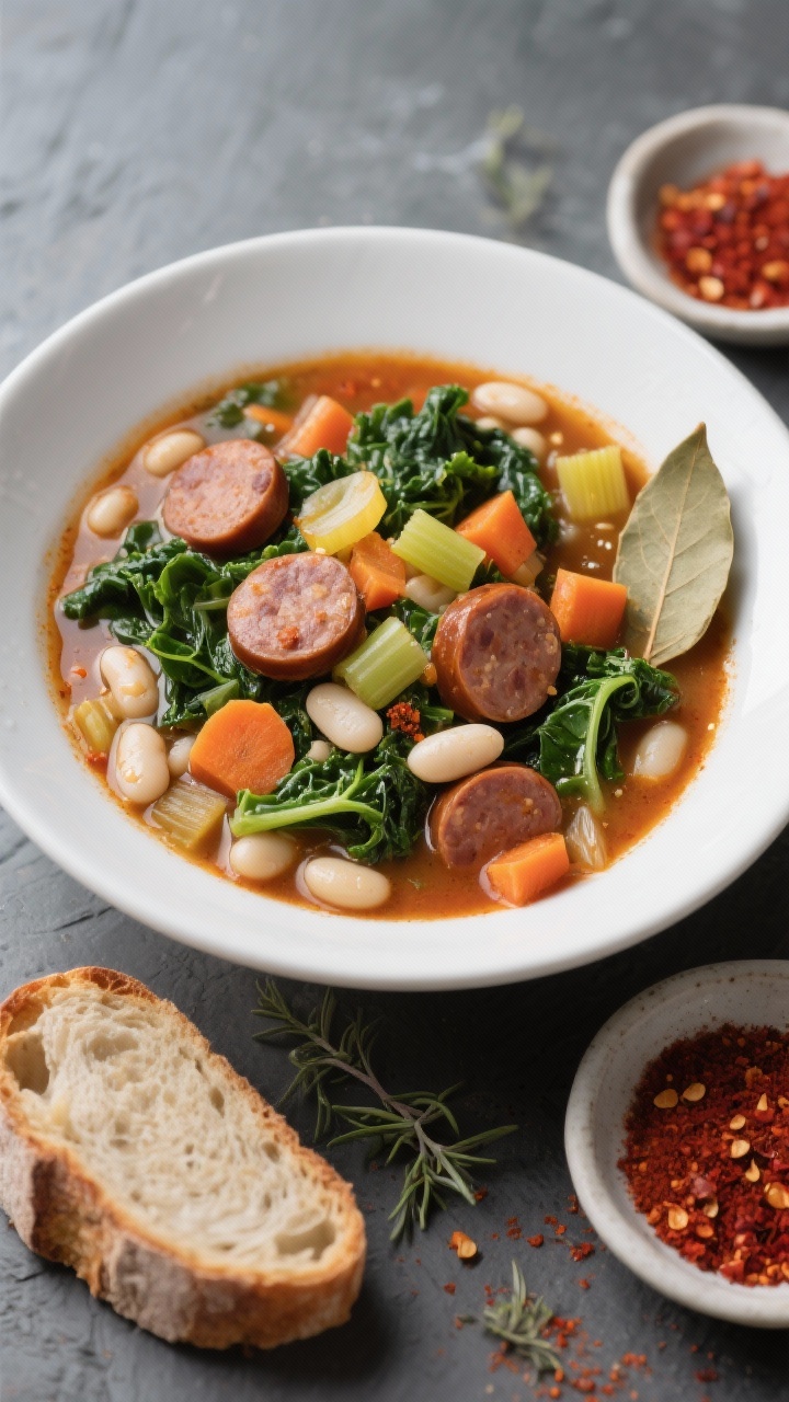 Overhead hearty bowl shot of smoky sausage, white bean, and kale soup: bronze-edged sausage coins, tender white beans, emerald curls of kale, diced carrots, celery, and yellow onion in a paprika-tinted broth seasoned with smoked paprika and dried thyme. Tiny droplets of oil shimmer on the surface, with a bay leaf tucked to one side. Served in a wide white bowl on a slate surface, a slice of crusty bread and a small dish of red pepper flakes nearby, conveying comforting, rustic warmth.