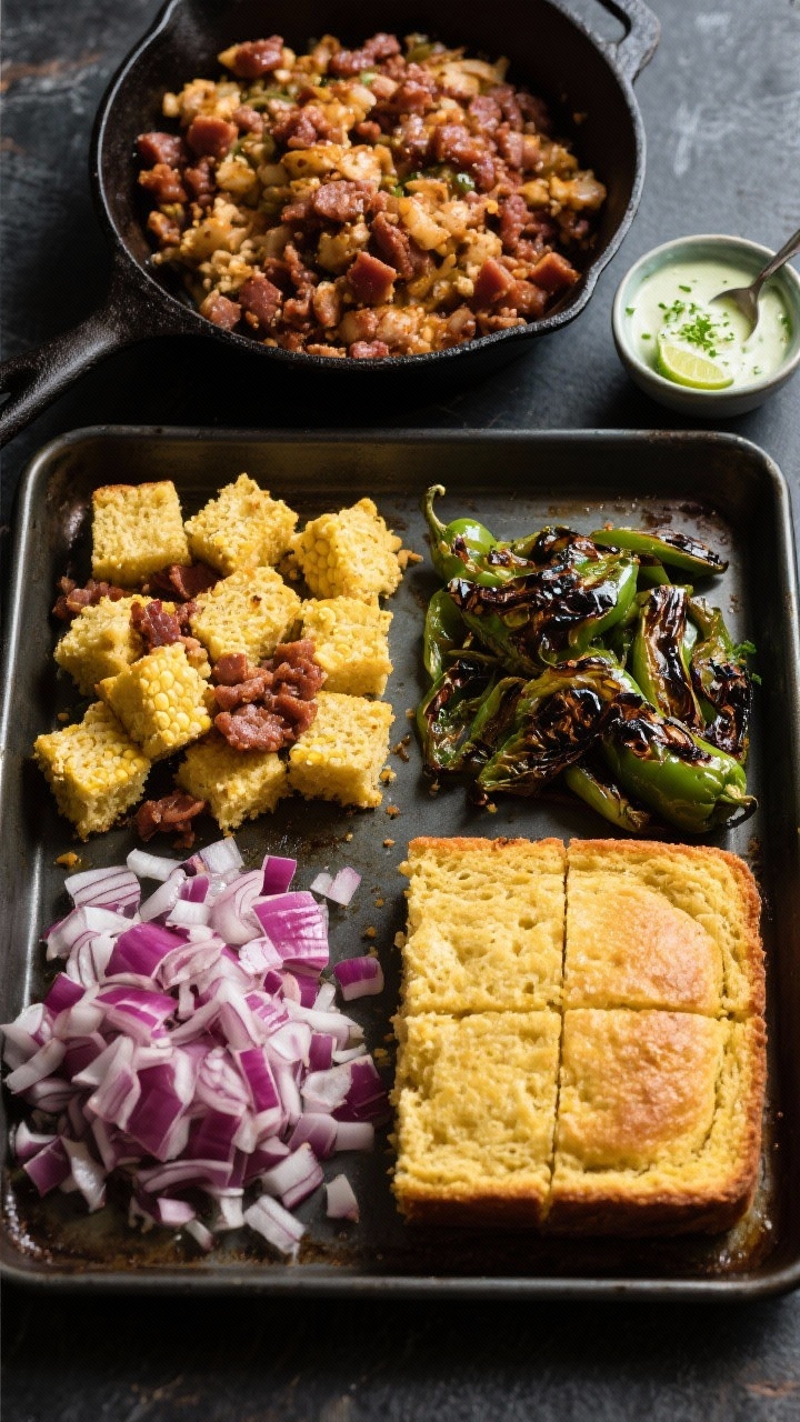 Overhead ingredient-and-prep scene for cornbread, chorizo, and roasted poblano stuffing: golden cubes of lightly dried cornbread, crumbled cooked Mexican chorizo, diced roasted poblanos (charred skin bits visible), and finely diced red onion arranged in neat quadrants on a dark sheet pan. A small bowl of lime crema with lime zest flecks and a spoon ready to drizzle sits to the side. Vibrant, high-contrast styling with a cast-iron skillet partially filled to imply the next cooking step.