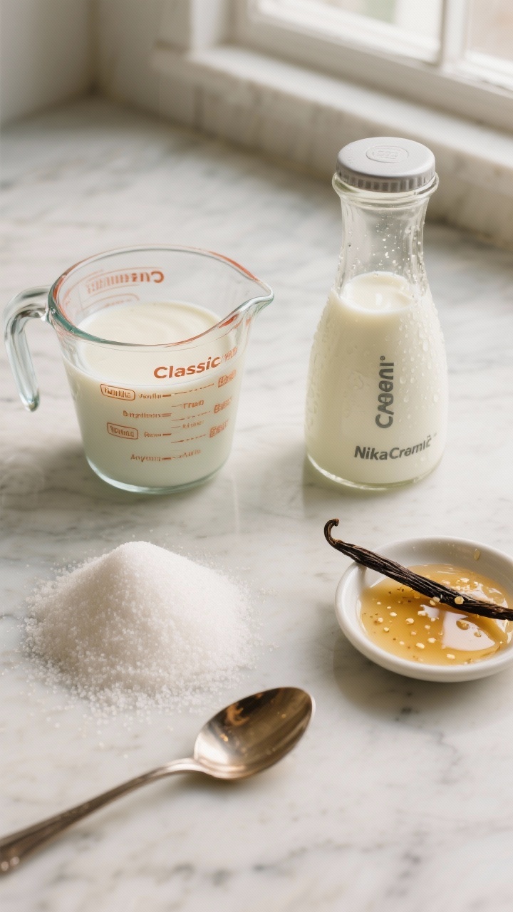 Overhead ingredient flat lay for “Classic Vanilla Bean That’s Anything But Basic”: chilled whole milk in a glass measuring cup, heavy cream in a small carafe with condensation, a mound of granulated sugar, a spoon glistening with light corn syrup (or honey), and a small dish of vanilla bean paste with visible specks; neutral marble surface, soft window light, cool tones with warm highlights, minimal props; include an empty Ninja Creami pint to imply preparation; crisp textures, focus on glossy syrup and freckled vanilla paste.