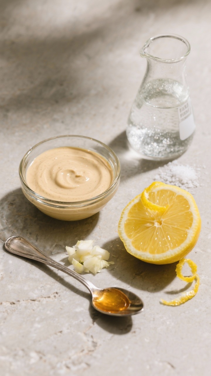 Overhead ingredient flat lay for Creamy Lemon-Tahini dressing: a small glass bowl of well-stirred tahini, a zested lemon with curls of bright yellow zest and a cut half showing juice, a tiny mound of finely grated garlic, a spoonful of maple syrup (or honey) glistening on a silver spoon, a beaker of icy cold water with condensation, kosher salt pinch on the side; neutral stone surface, soft diffused daylight, crisp shadows, minimal props, creamy beige tahini contrasting with vibrant lemon yellow and golden sweetener, professional clean styling.