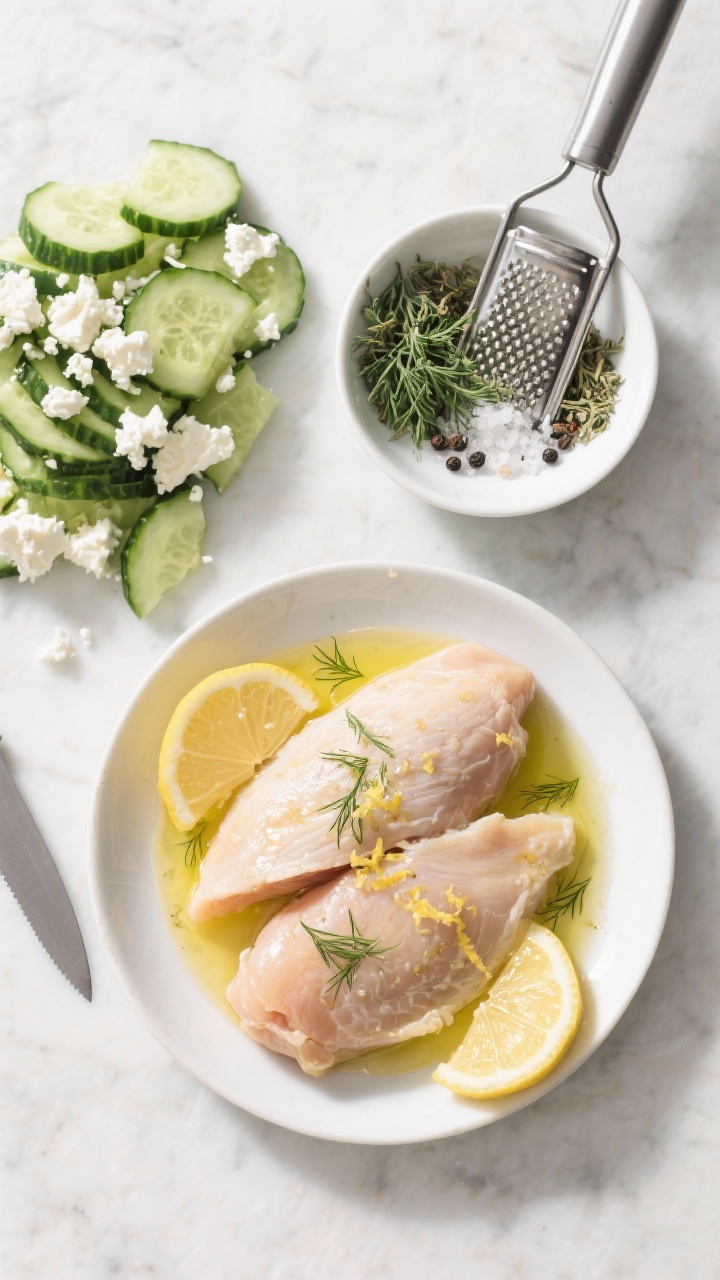 Overhead ingredient-prep flat lay for lemon-dill Greek chicken tenderloins: raw tenderloins brushed with olive oil, lemon zest and lemon juice in a small bowl, dried or freshly chopped dill, oregano, kosher salt, black pepper; adjacent cucumber-feta salad components—sliced cucumber, crumbled feta, extra olive oil; arranged neatly on a light marble surface with a zester and knife included, bright natural light for a fresh Mediterranean feel.