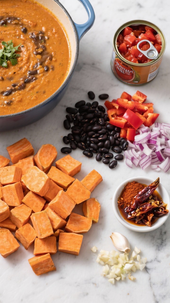 Overhead ingredient prep flat lay for smoky chipotle black bean and sweet potato soup: neat piles of peeled and cubed sweet potatoes (orange), drained and rinsed black beans (inky black), diced red bell pepper (scarlet), diced red onion (purple), minced garlic, a small bowl of chopped chipotle in adobo and smoked paprika, and a can of diced tomatoes (opened,
