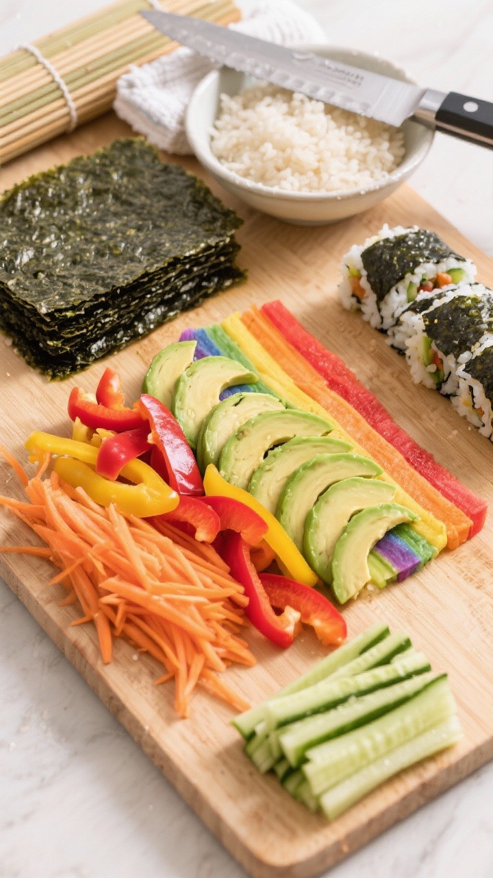Overhead ingredient prep shot for a Veggie Rainbow Roll: bright, organized rows of sliced avocado, thin red and yellow bell pepper strips, cucumber matchsticks, and finely julienned carrot beside a stack of nori sheets and a bowl of seasoned sushi rice; a sharp chef’s knife, damp hand towel, and a bamboo rolling mat included; high-key lighting to make the rainbow colors pop, clean wood board for warmth.