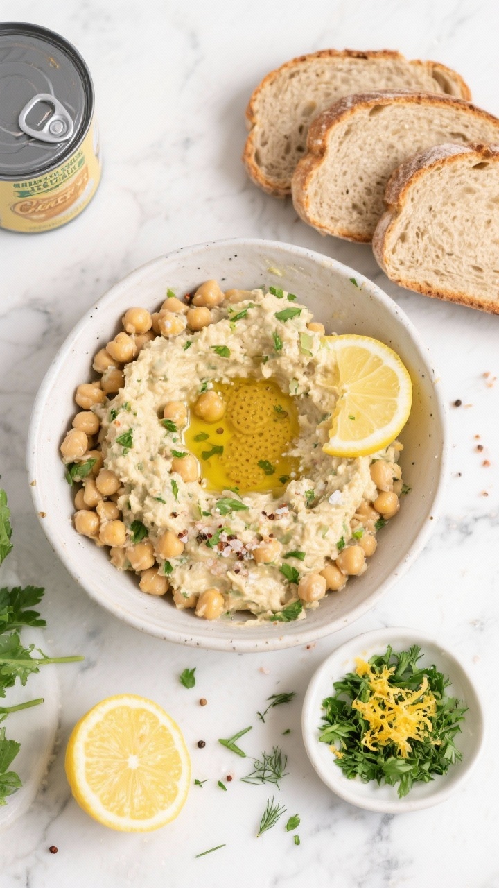 Overhead ingredient-prep shot for herby lemon chickpea salad sandwiches (no-mayo): a mixing bowl with mashed chickpeas from one (15-ounce) can, glistening with extra-virgin olive oil, fresh lemon juice, Dijon mustard, and a touch of honey or maple syrup; visible flecks of kosher salt and cracked pepper. Arrange sliced hearty bread on the side, a small dish of lemon zest, and a scattering of chopped herbs (parsley/dill) to suggest big flavor. Clean, bright styling on a white marble surface, emphasizing the creamy-yet-chunky texture and vibrant lemony tones.