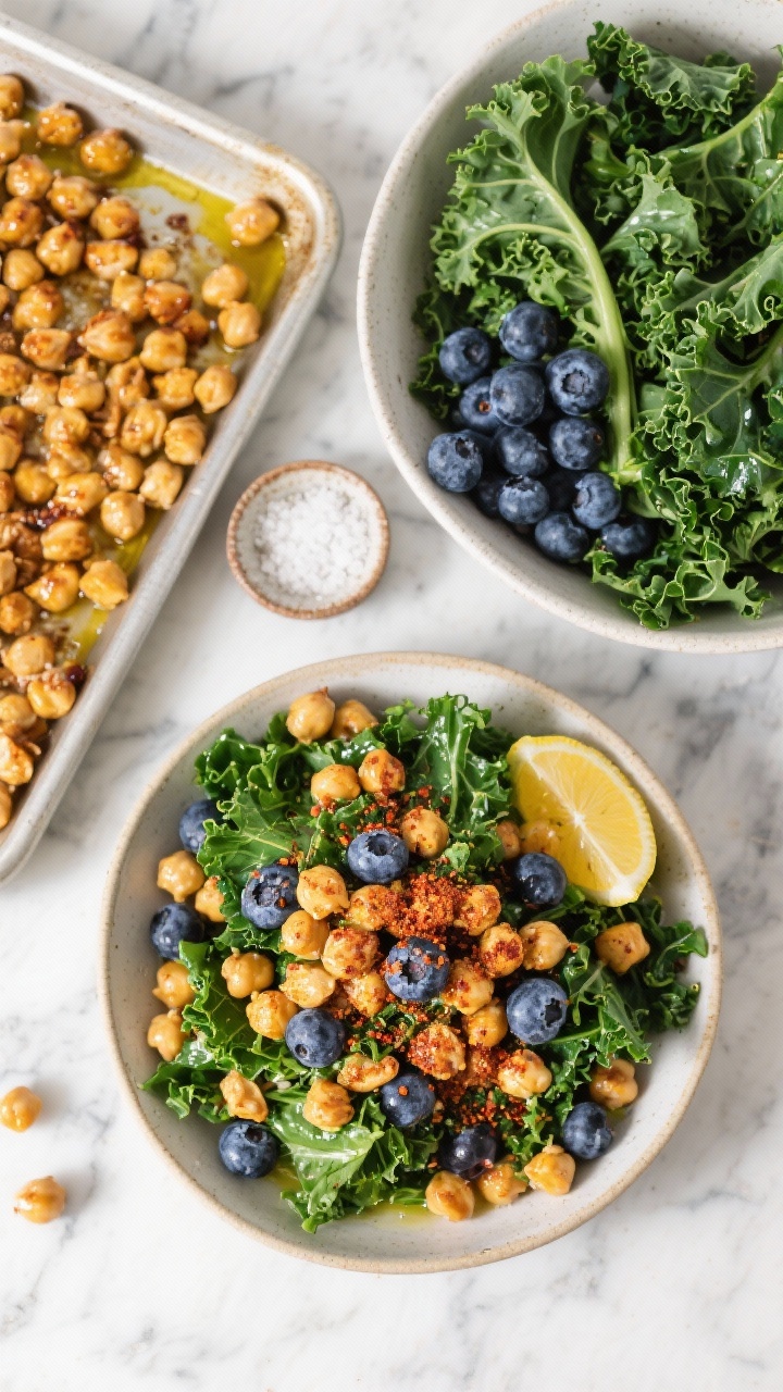 Overhead ingredient-to-assembly flat lay: Crispy chickpea, blueberry, and kale power salad components on a cool marble surface. A sheet pan of roasted chickpeas tossed in olive oil, smoked paprika, ground cumin, and sea salt—golden and crunchy—cooling beside a large bowl of chopped kale (lacinato and curly). Fresh blueberries in a small ceramic dish, lemon wedge and a tiny pinch bowl of sea salt visible. Final plated salad in a shallow bowl shows kale topped with paprika-dusted chickpeas and juicy blueberries, olive oil sheen catching light. Bright, energetic styling highlighting contrast of deep green kale, midnight-blue berries, and warm spiced chickpeas.