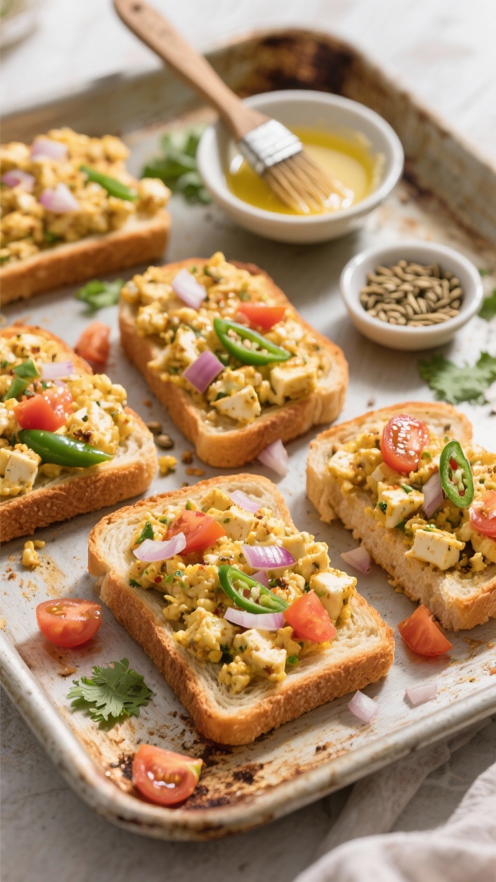 Overhead ingredient-to-assembly scene: Paneer Bhurji Toast in progress on a rustic baking sheet—golden toasted bread slices topped with spiced scrambled paneer (crumbled paneer sautéed with cumin seeds, finely chopped onion, small diced tomato, and optional green chili), tiny glossy bits of tomato and onion visible; a small bowl of ghee/oil with a brush, a pinch bowl of cumin seeds, and scattered chopped cilantro; bright morning light for a brunch feel, crisp textures emphasized.