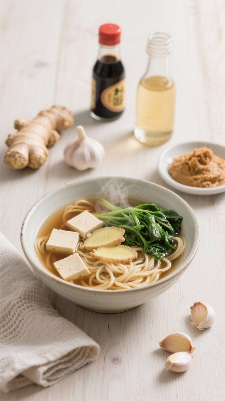 Overhead ingredient-to-bowl progression for miso-ginger noodle soup with tofu and greens: a minimalist layout showing a steaming bowl of clear vegetable broth (or dashi) with thinly sliced fresh ginger, smashed garlic, soy sauce/tamari tint, and rice vinegar brightness; silky noodles submerged, cubes of tofu and a tangle of greens on top. Around the bowl, neatly arranged: a knob of ginger, garlic cloves, bottles of soy sauce and rice vinegar, and a small dish of miso paste. Clean ceramic, light wood surface, Japanese-inspired simplicity, crisp daylight.