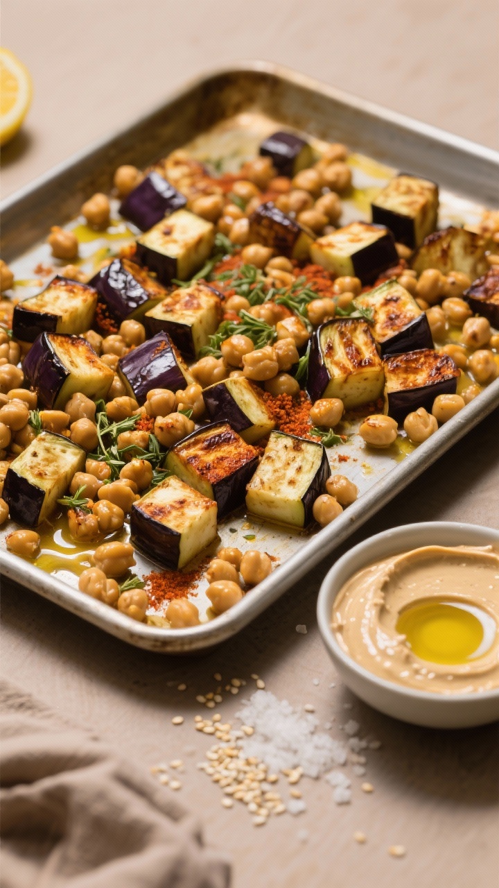 Overhead ingredient-to-cooking transition scene for a Warm Chickpea, Eggplant, and Tahini Bowl: sheet pan with 1-inch eggplant cubes and well-dried chickpeas tossed in extra-virgin olive oil, ground cumin, coriander, and smoked paprika, edges beginning to roast; a small bowl of creamy tahini sauce with lemon and a drizzle of olive oil nearby; sprinkle of coarse salt and sesame seeds as finishing touches; warm neutral backdrop, high contrast to showcase roast blistering and golden textures.
