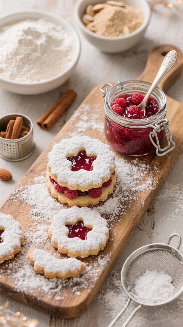 Overhead ingredient-to-finish progression: Almond linzer cookies dusted with “snowy” powdered sugar, sandwiched with vibrant raspberry jam peeking through classic cut-out centers. Surround with bowls of almond flour and all-purpose flour, a pinch pot of cinnamon, baking powder tin, and a small sieve dusted in sugar. Rustic wooden board lightly floured, a jar of raspberry jam with a spoon, and a few unassembled tops and bottoms to show process; elegant, festive European bakery mood.