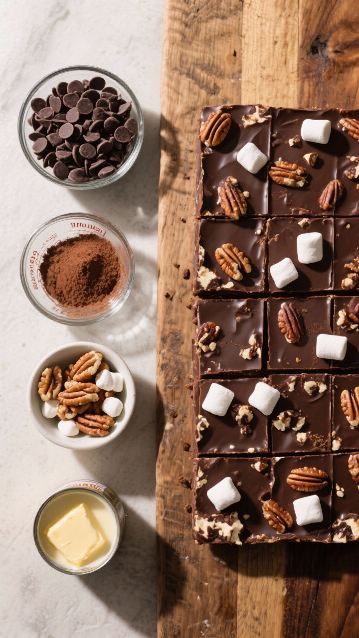 Overhead ingredient-to-finish storyboard for triple chocolate rocky road fudge: left side shows measured components—semisweet chips, dark chocolate chips (60–72%), unsweetened cocoa powder, sweetened condensed milk can, unsalted butter, bowls of toasted nuts and mini marshmallows; right side shows final slab studded with toasted nuts and marshmallows, cut into chunky squares. Deep chocolate tones, contrasting white marshmallows, rustic wooden surface, crisp shadows, no hands.