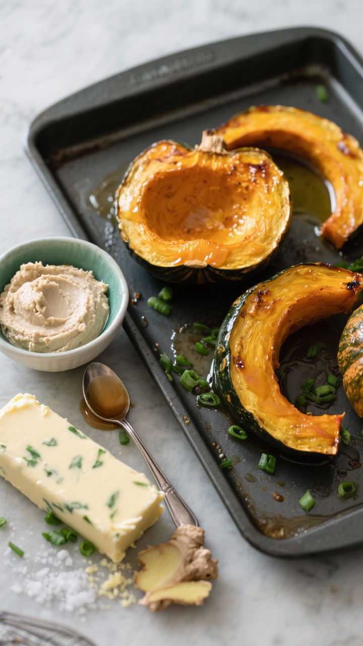 Overhead ingredient-to-oven composition for maple-miso roasted acorn squash: wedge-cut acorn squash brushed with neutral oil on a dark baking tray, a small bowl of white miso and a separate bowl of pure maple syrup ready to whisk, kosher salt pinch nearby; post-roast glaze shown on a spoon with glossy sheen; ginger-scallion butter formed as a chilled log with visible green scallion flecks and grated ginger beside it; clean, modern styling with contrast between deep greens and amber tones.