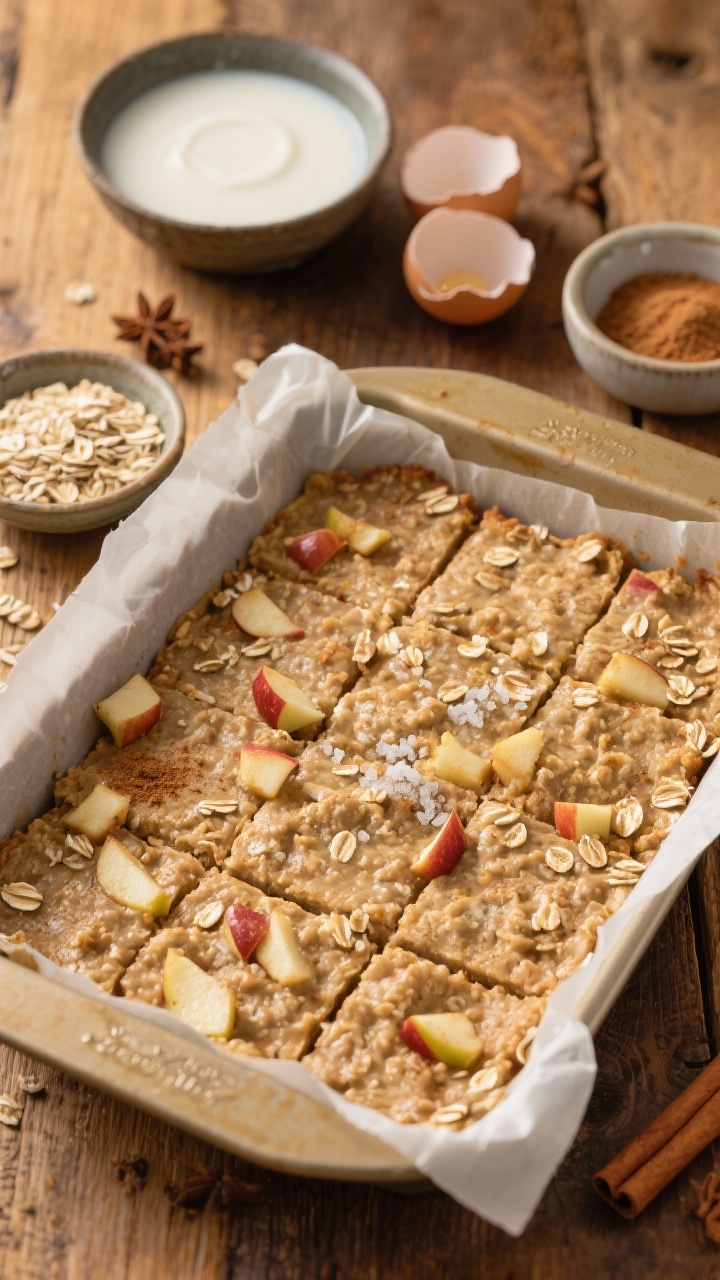 Overhead ingredient-to-oven scene for apple pie baked oatmeal squares: a parchment-lined baking pan filled with a rustic oat batter speckled with cinnamon and nutmeg; visible rolled oats, diced apples folded in, and a pinch of fine sea salt. Nearby: measured bowls of oats, baking powder, milk, cracked eggs, and ground spices, plus a cinnamon stick for ambiance. Golden, pre-bake glow with a light dusting of cinnamon on the surface, ready to be baked into cuttable squares; clean, meal-prep vibe on a wooden table.