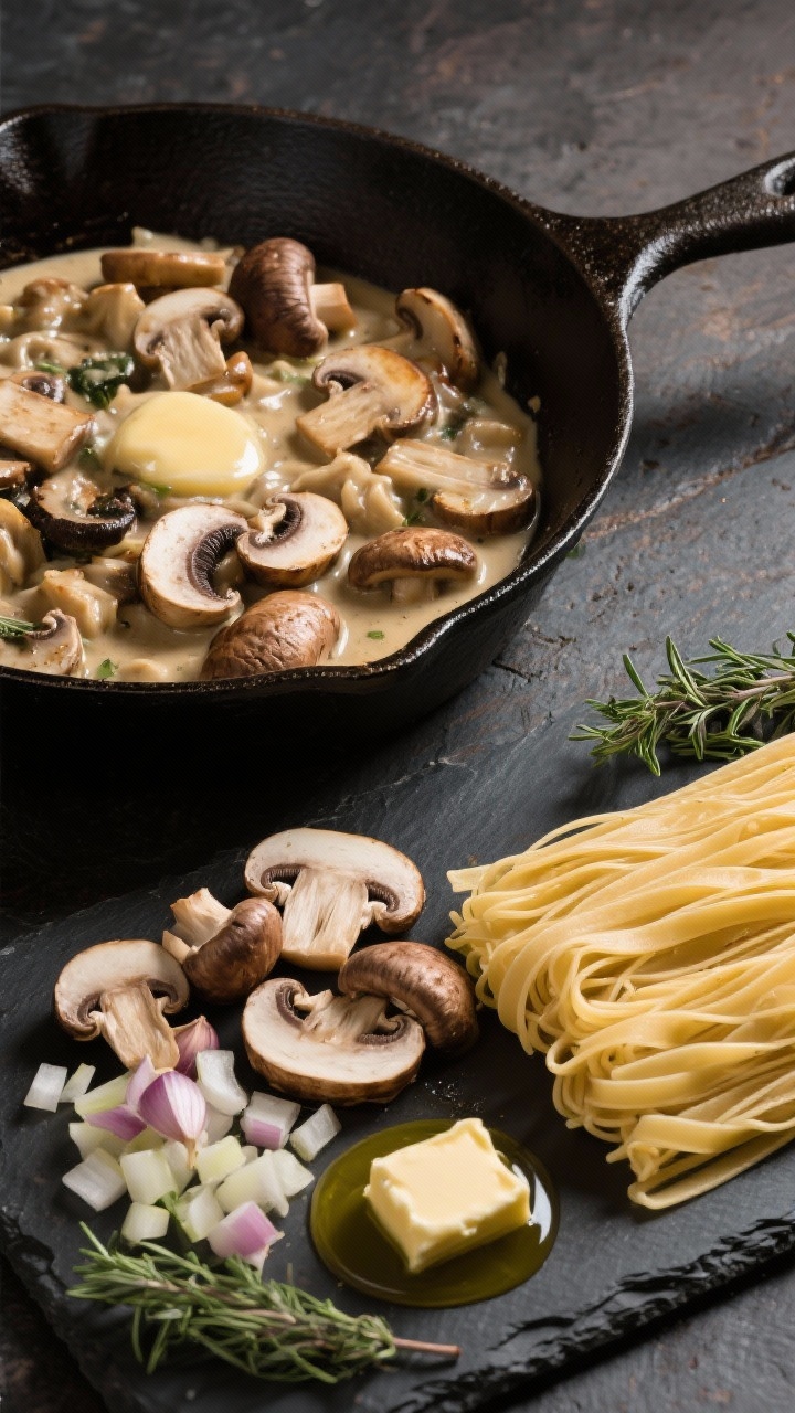 Overhead ingredient-to-pan transition for Creamy Mushroom Stroganoff Pasta: sliced mixed mushrooms (cremini, shiitake, button) grouped by type, finely chopped onion, garlic, fresh thyme, butter and olive oil pats, and uncooked wide egg noodles arranged on a dark slate; adjacent cast-iron skillet showing mushrooms just starting to brown in butter; neutral cream and earthy brown color palette hinting at the forthcoming tangy, creamy sauce; rustic, moody lighting with soft shadows, crisp detail on mushroom textures and thyme leaves.