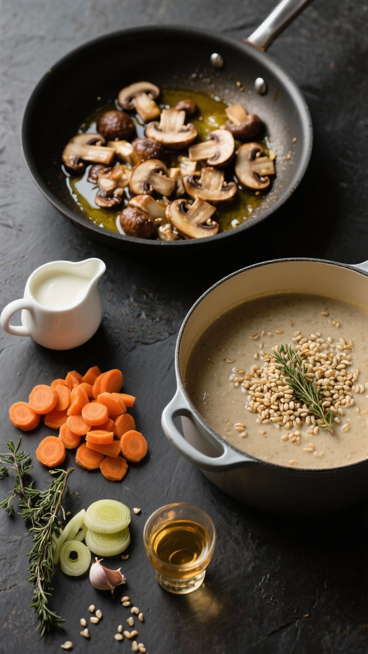 Overhead ingredient-to-pot transition for creamy mushroom barley soup with thyme and sherry: a sauté pan with mixed mushrooms (cremini, shiitake, oyster) browning in butter and olive oil beside a pot of pearled barley and diced carrots; sliced leek rounds, minced garlic, fresh thyme sprigs, and a small glass of dry sherry arranged neatly; cream in a small pitcher waiting to be added; moody, soft light emphasizing earthy tones and textures.