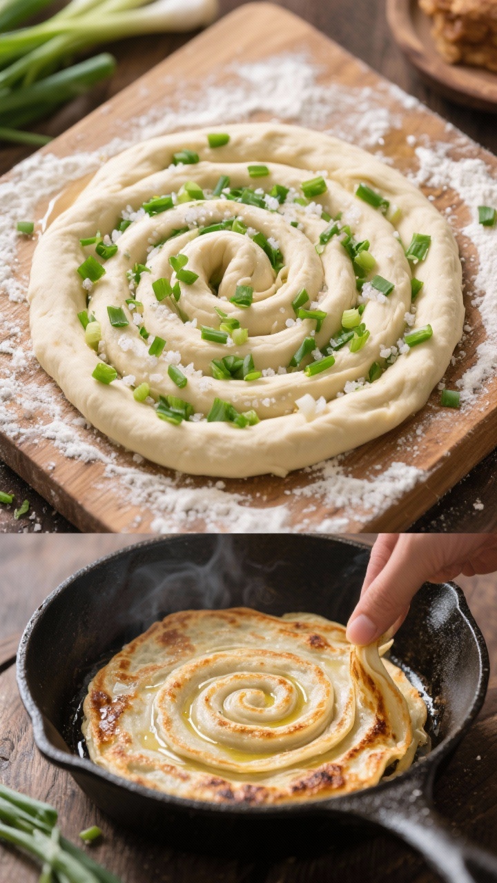 Overhead ingredient-to-process sequence for Crispy Scallion Pancakes: a floured wooden board with a rolled-out dough round made from all-purpose flour and boiling-water dough, brushed with neutral oil, sprinkled densely with finely chopped scallions and salt; a second frame element shows the spiral roll-up and coil being flattened, layers visible; a cast-iron skillet nearby with a pancake mid-fry, edges blistered and crisp, light oil shimmer; emphasis on layered texture you can almost hear, high-detail crumbs and scallion green pops.