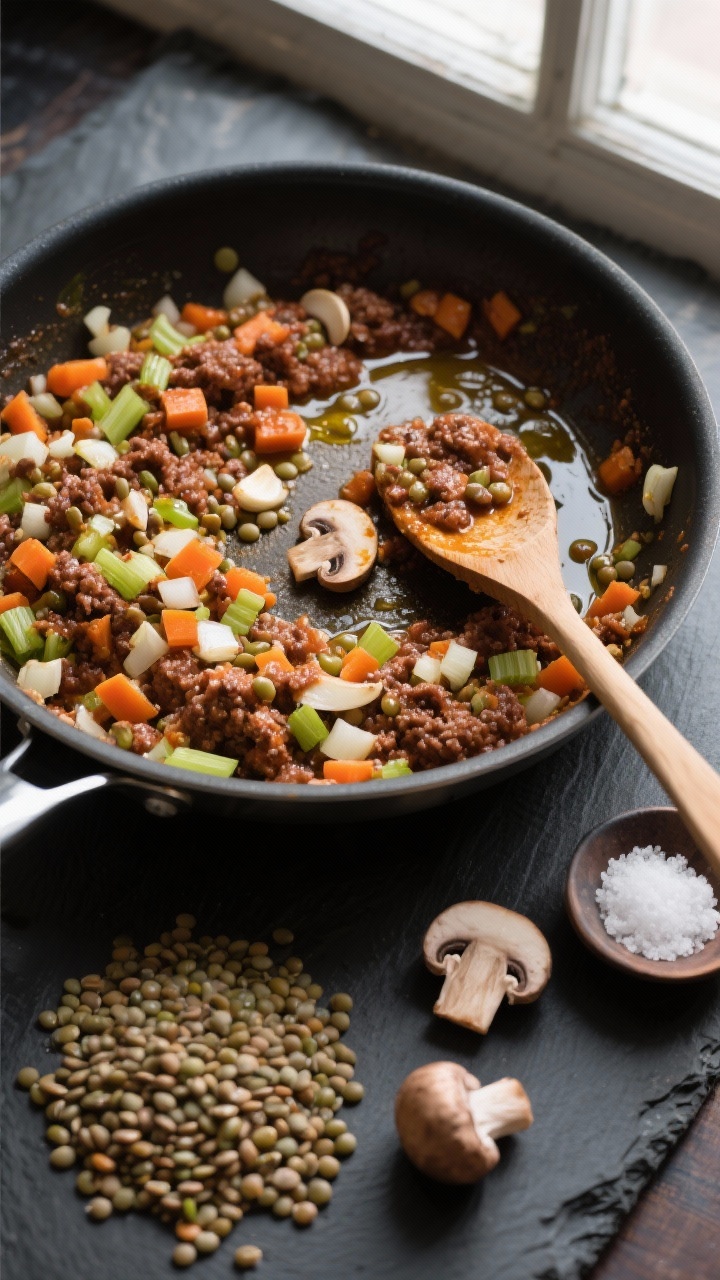 Overhead ingredient-to-sauce transition shot for Hearty Lentil & Veggie Bolognese: a wide sauté pan filled with finely diced onion, carrots, and celery, minced cremini mushrooms, minced garlic, and dried brown/green lentils just starting to meld into a rich, chunky sauce base; olive oil sheen visible, wooden spoon dragging a path showing texture; placed on a dark slate surface with a heap of uncooked lentils, a few whole cremini mushrooms, and a small dish of sea salt nearby; earthy, savory mood with natural window light.