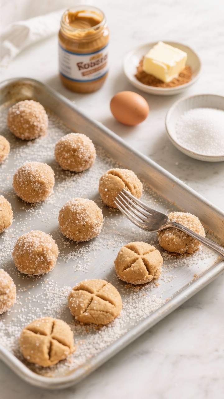 Overhead ingredient-to-tray shot for no-chill peanut butter cookies: rolled dough balls coated in granulated sugar arranged on a baking sheet, with some pressed using a fork to create the classic crosshatch ridges; include softened butter, a jar of creamy peanut butter, brown sugar, granulated sugar in a shallow dish for rolling, and an egg on the side; bright, warm kitchen light, clean lines, and crisp detail highlighting the sandy sugar sparkle and defined fork marks.