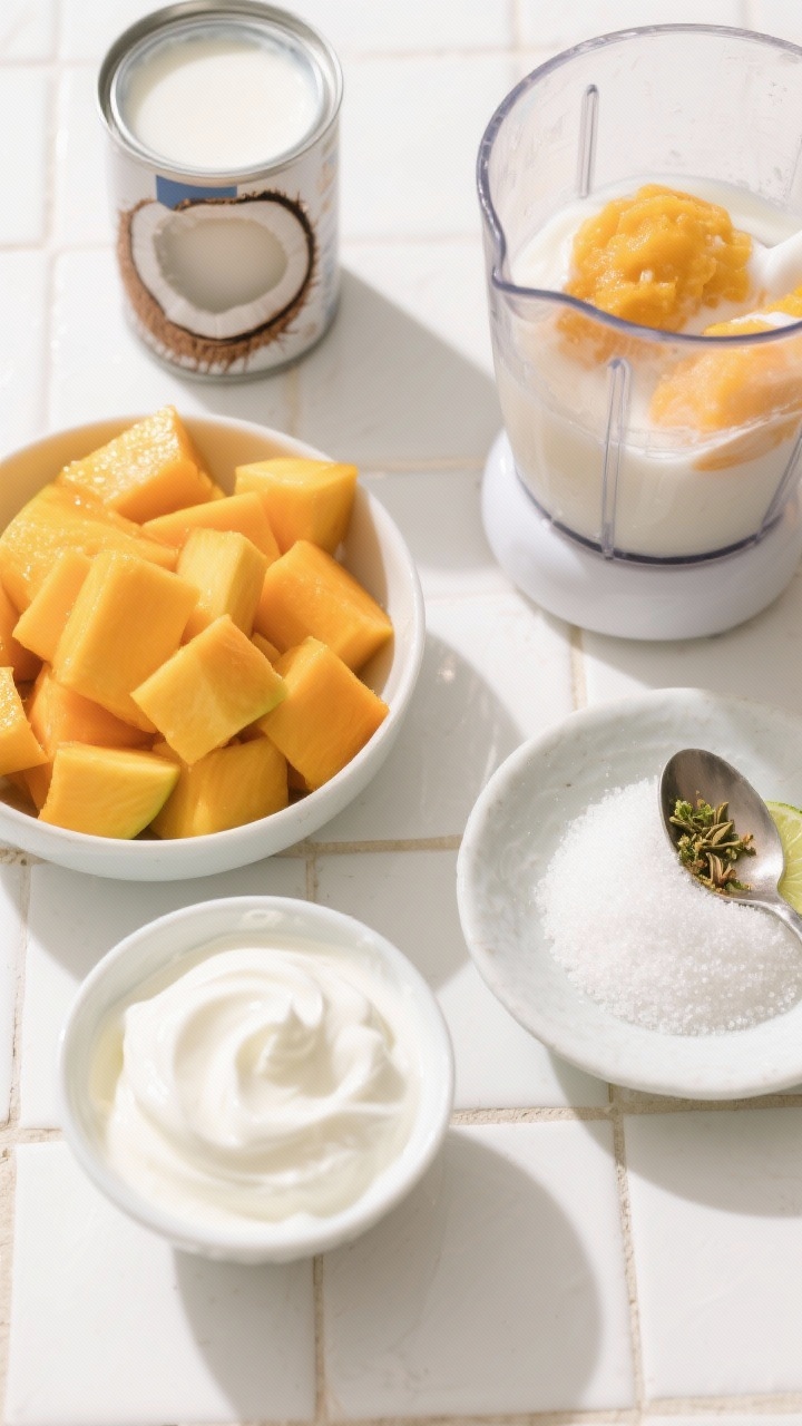 Overhead ingredients-and-prep flat lay for Mango Lassi Sorbet-Cream Mashup: vibrant cubes of ripe mango, a bowl of full-fat Greek yogurt with swoops, a can of full-fat coconut milk with creamy layer visible, and a dish of granulated sugar; a blender jar partly filled with mango and coconut milk mid-process; a small spoonful of cardamom powder or lime zest optional garnish off to the side; sunny, tropical mood on a white tile or pale wood surface; colors pop with bright orange mango against cool whites, highlighting no-egg creaminess.