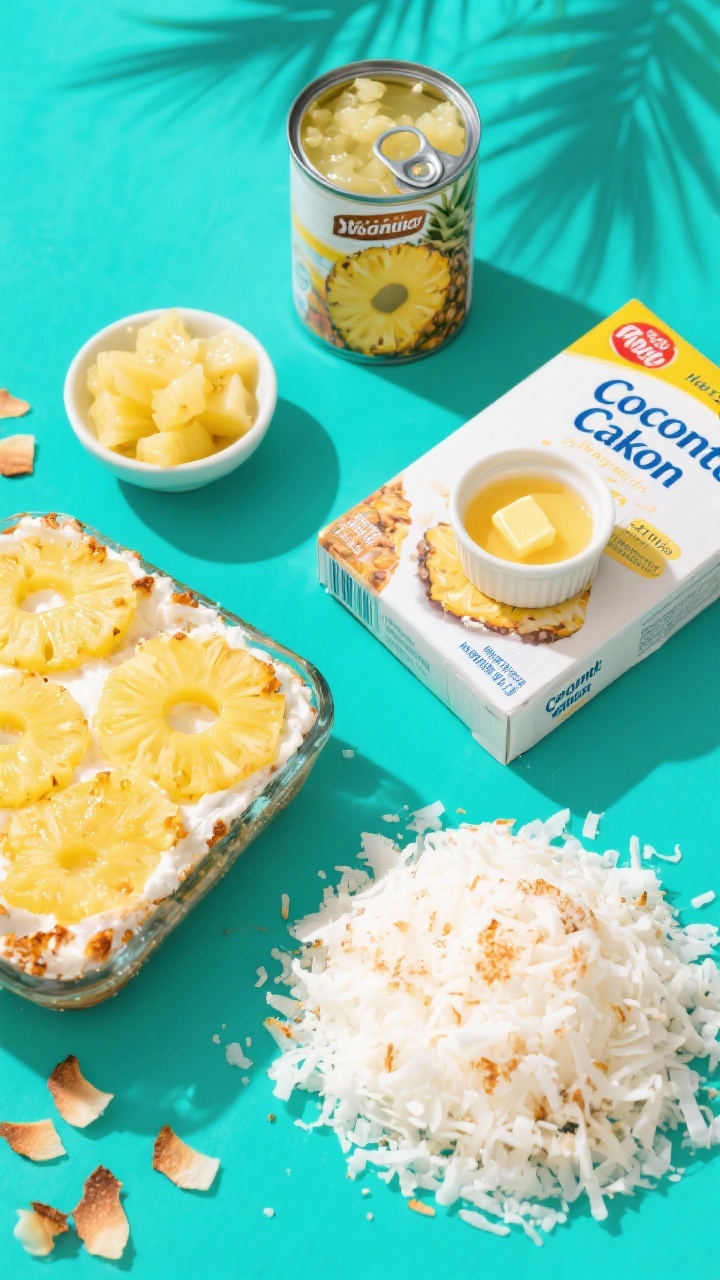 Overhead ingredients flat lay for a pineapple coconut vacation-mode dump cake: open can of crushed pineapple in juice (undrained) and a small bowl of drained pineapple tidbits, a box of white cake mix, a ramekin of melted butter, and a generous mound of shredded coconut ready to toast; arranged on a bright tropical-teal surface with a few toasted coconut flakes scattered, sunny light and clean shadows; labels turned away, no people, vibrant yellow and white tones promising toasty crunch.
