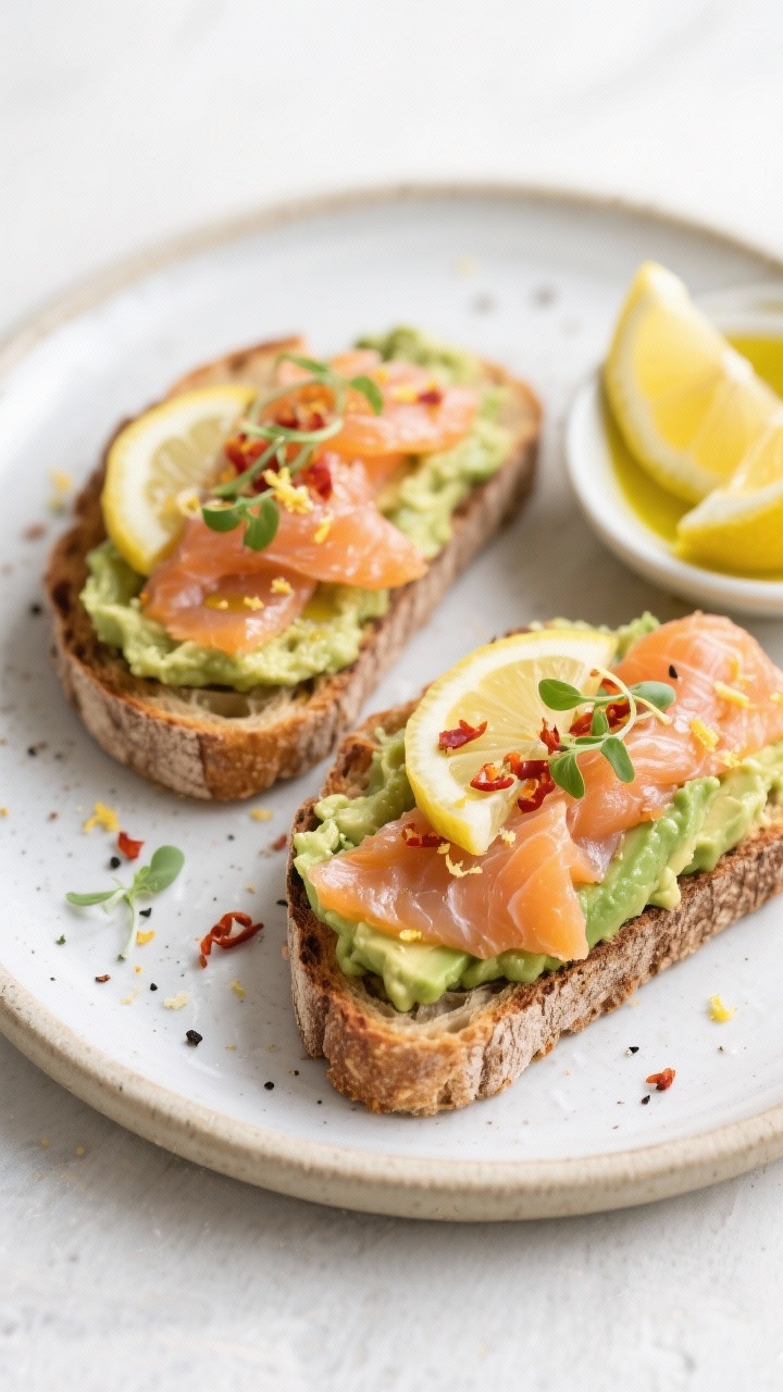 Overhead minimalist breakfast scene of smoked salmon avocado toast: thick slices of hearty sourdough topped with mashed avocado seasoned with lemon juice, lemon zest, extra-virgin olive oil, kosher salt, and black pepper, layered with silky smoked salmon. Finish with lemon-chile crunch garnish (lemon zest and chile flakes) and microgreens. Place toasts on a light ceramic platter with a small dish of EVOO and lemon wedges; crisp, bright morning light.
