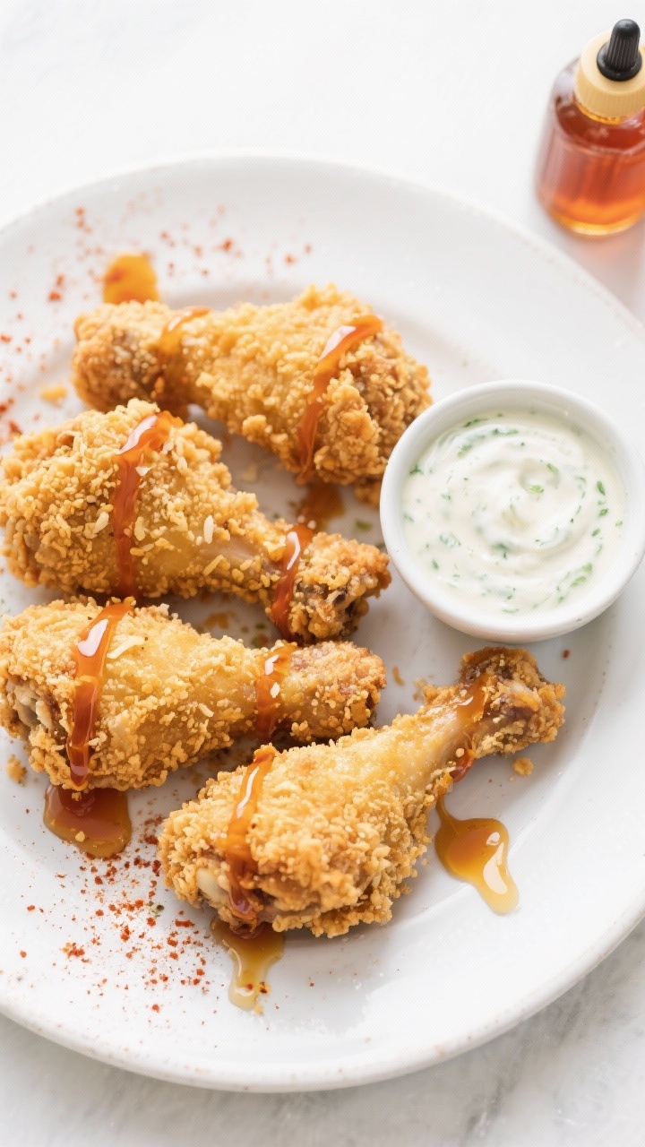 Overhead plated presentation for Buttermilk-Ranch Oven-Fried Drumsticks With Hot Honey Drizzle: ultra-crispy panko-Parmesan crusted drumsticks on a white ceramic platter, paprika-dusted with flecks of ranch seasoning visible, thin ribbons of hot honey drizzled across the chicken. A small bowl of buttermilk-ranch dipping sauce on the side, a bottle/dropper of hot honey nearby, clean bright light to emphasize crunch and golden color, crisp crumbs scattered naturally.
