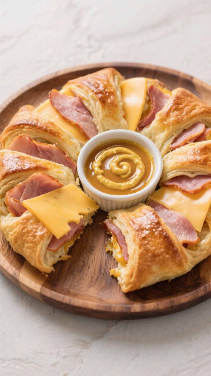 Overhead plated presentation of a honey-mustard ham and Swiss crescent ring on a round wooden board: two cans of crescent dough formed into a star-shaped ring, layered with thinly sliced deli ham and Swiss cheese slices, baked until puffed and deeply golden; a glossy swirl of Dijon mustard, honey, and a touch of mayonnaise lightly brushed on the interior and served as a dipping ramekin in the center; clean wedge cut showing melty Swiss and ham layers, game-day vibe, bright contrast and crisp detail.