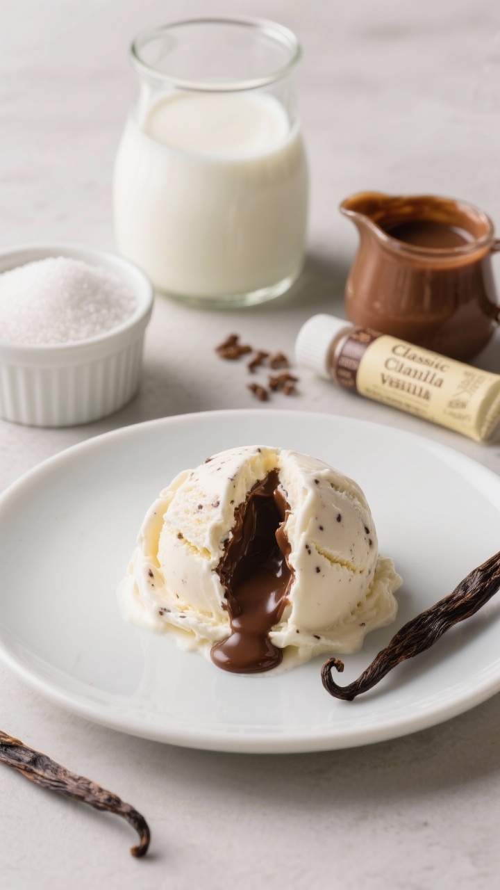 Overhead plated presentation of Classic Vanilla Bean with Gooey Fudge Core: a clean cross-section scoop revealing a molten hot fudge core at the center, surrounded by creamy vanilla bean ice cream with visible specks. Arrange ingredients around: whole milk and heavy cream in glass, granulated sugar, skim milk powder in a labeled ramekin, a jar/tube of vanilla bean paste alongside a split vanilla pod, and a small warm pitcher of hot fudge. Neutral cool background, precise styling, soft diffused light to highlight the contrast between pale vanilla and glossy dark fudge.