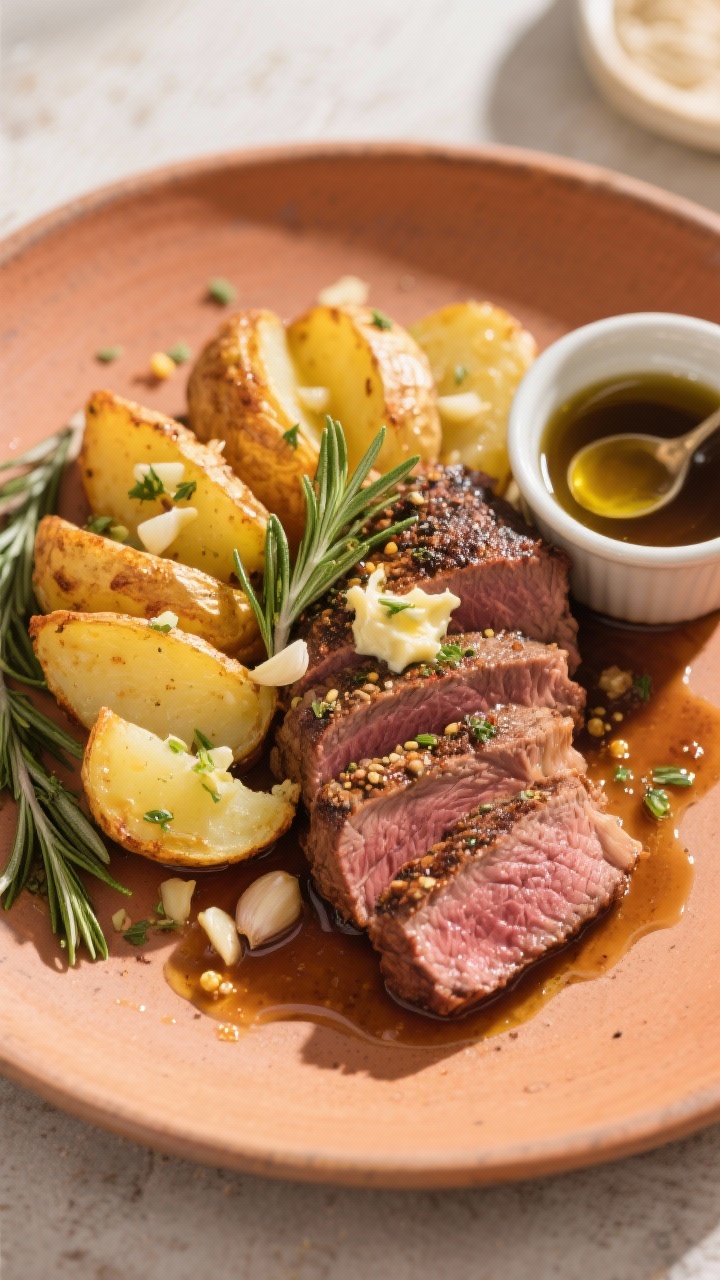 Overhead plated presentation of garlic-herb chuck roast sliced and fanned over crispy golden potatoes: juicy beef with a peppery, salt-kissed crust; pan juices spooned over, pooling around the potatoes; specks of minced garlic and Dijon-forward herb butter (with fresh rosemary) melting across the slices; olive oil shimmer on the potato edges; set on a warm-toned ceramic platter with a small ramekin of remaining pan juices; bright, appetizing daylight to emphasize the crisp textures and buttery gloss.