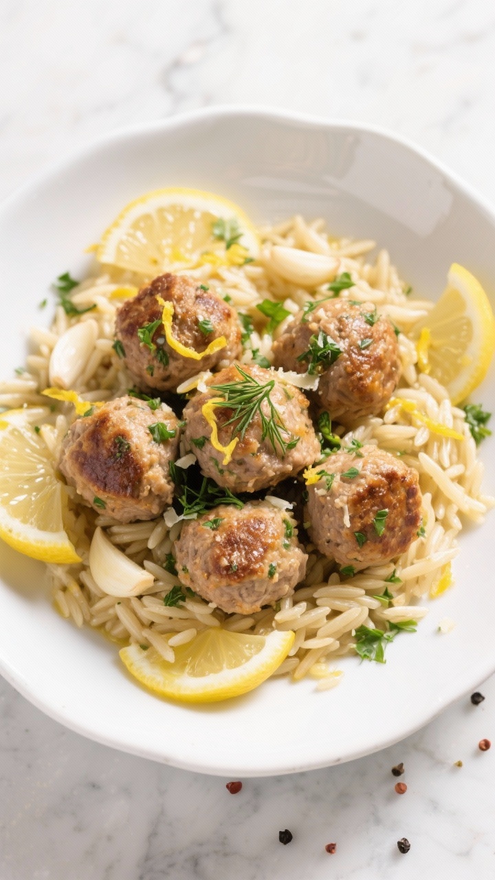 Overhead plated presentation of Herbed Turkey Meatballs with Lemon-Garlic Orzo: golden-brown turkey meatballs (85–93% lean) flecked with parsley and dill, made with panko, Parmesan, egg, and milk, nestled over glossy orzo tossed with lemon zest, lemon juice, and sautéed garlic. Finish with a drizzle of olive oil, extra chopped dill and parsley, microplane zest curls, and cracked pepper. White ceramic shallow bowl on a light marble surface, elegant, aromatic Mediterranean feel.