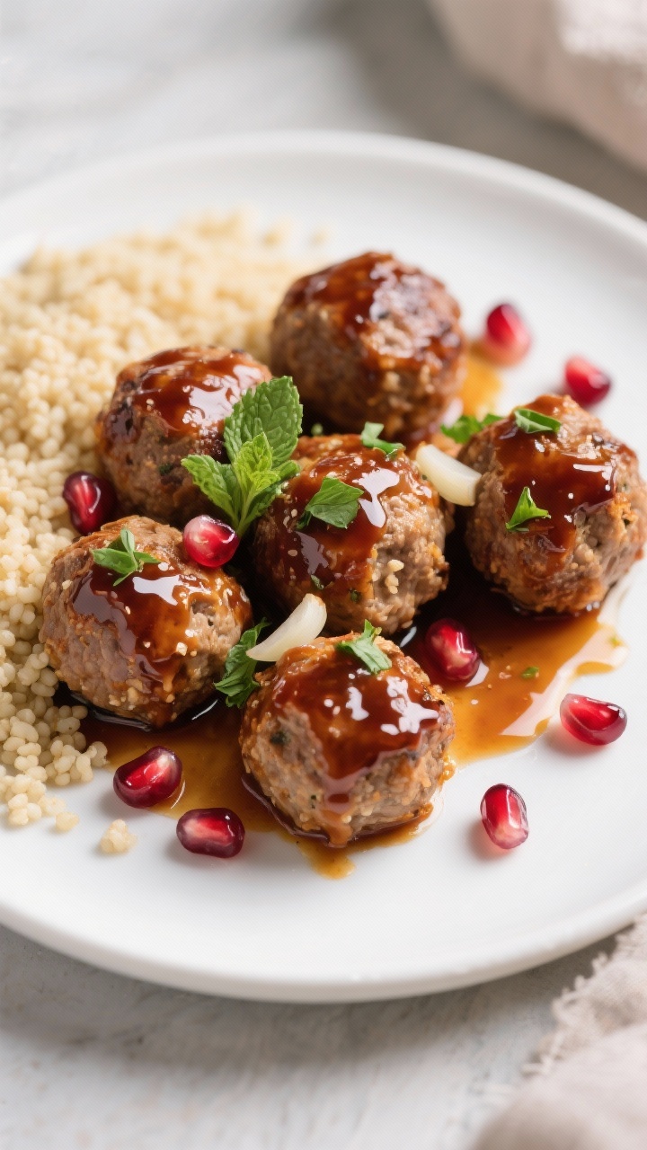 Overhead plated presentation of sticky-sweet turkey meatballs glazed in pomegranate molasses: glossy, lacquered meatballs sprinkled with chopped fresh mint or parsley; a few pomegranate arils scattered for jewel-like color; hints of the tender interior bound with panko, milk, egg, onion, and garlic; glaze pooling slightly on a matte white plate for contrast; side dish of fluffy couscous in frame; rich, saturated tones with controlled highlights to emphasize the sticky sheen.