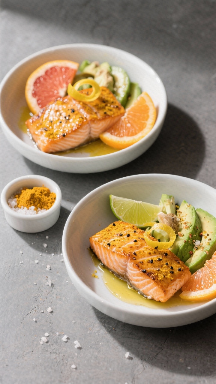 Overhead plated shot: Golden turmeric salmon bowls arranged in wide white bowls on a matte slate surface. Two skin-on salmon fillets seared until lacquered and golden from ground turmeric, with visible black pepper specks and a light sea salt crust, glistening from extra-virgin olive oil. Citrus segments (grapefruit and orange) tucked beside creamy avocado slices, sprinkled with grated fresh ginger and a whisper of garlic powder. Warm, sunny tones with citrus zest curls, lime wedge, and a small ramekin of turmeric and sea salt in frame; clean, modern styling emphasizing the golden crust and vibrant green avocado.