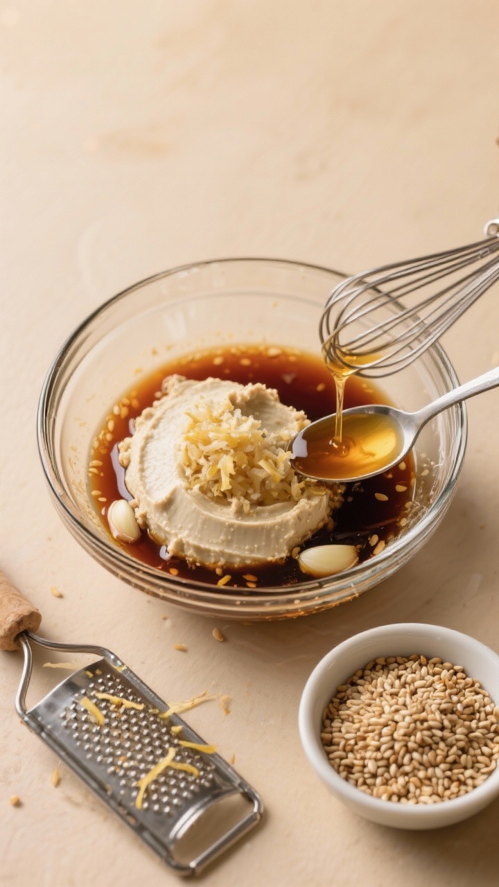 Overhead process shot for Miso-Ginger Sesame dressing: a medium glass bowl with white miso paste, rice vinegar, soy sauce/tamari, honey or maple syrup, freshly grated ginger forming a fragrant mound, finely grated garlic, and a spoonful of toasted sesame oil ready to whisk; sesame seeds in a pinch bowl, a microplane with ginger threads, and a small whisk placed diagonally; warm neutral background, high contrast to highlight glossy, amber-brown tones and creamy miso, sharp detail on ginger fibers and sesame sheen.