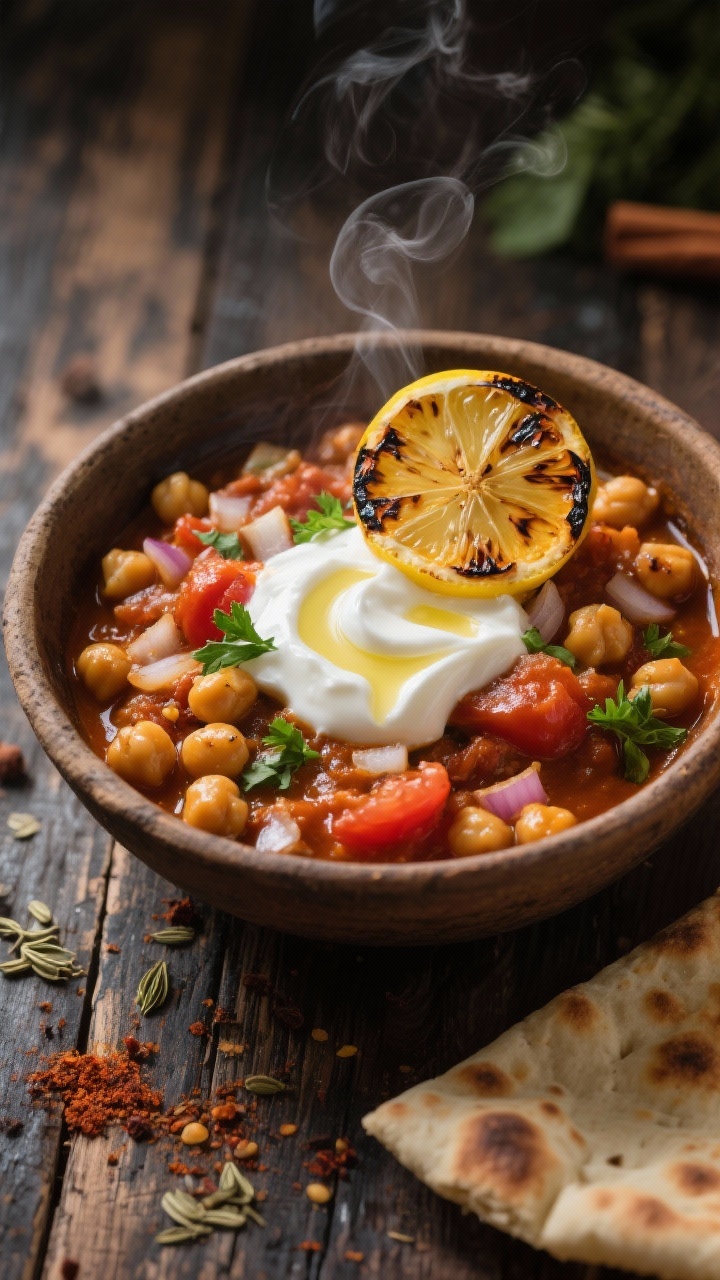Overhead rustic bowl of spiced chickpea and tomato stew crowned with yogurt and charred lemon: chickpeas simmered with diced onion, minced garlic, ground cumin, ground coriander, ground cinnamon, smoked paprika, and tomatoes, garnished with a generous dollop of tangy yogurt and wedges of deeply charred lemon. Swirl the yogurt slightly into the stew for marbling, sprinkle with fresh parsley, and add a drizzle of olive oil. Serve with warm flatbread on the side. Warm, moody tones, visible spice flecks, steam rising, photographed on a worn wooden table for a cozy, Middle Eastern–inspired feel.