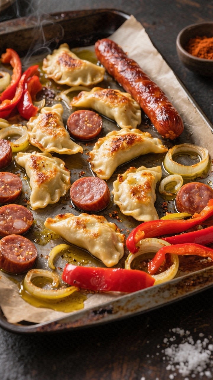 Overhead sheet-pan action shot: a large metal sheet pan filled with sliced smoked kielbasa coins, frozen potato-and-cheese pierogi, red bell pepper strips, and sliced yellow onion, all glistening with olive oil and a sprinkle of seasoning, edges beginning to crisp and blister. Golden-brown pierogi with chewy edges, caramelized onion strands, and ruby red pepper ribbons contrast against the dark pan. Set on a rustic baking tray atop a parchment-lined sheet, with a small dish of smoked paprika and kosher salt nearby. Warm, directional light emphasizes crispy textures and steam, no people, professional studio quality.