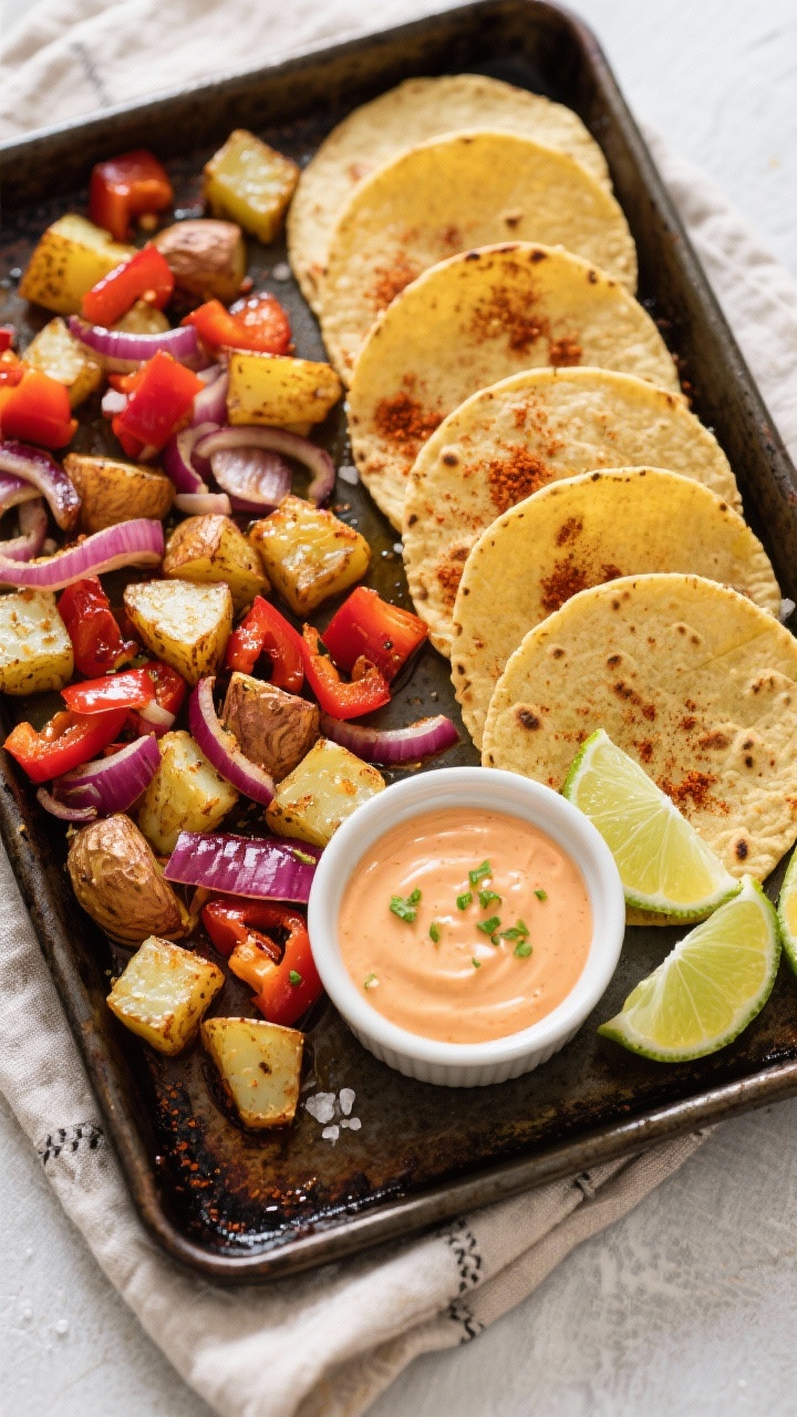 Overhead sheet-pan action shot: golden, crispy small-dice Yukon gold potatoes, small-diced red bell pepper, and thinly sliced red onion roasted on a dark metal sheet pan, with 8 warmed small corn tortillas nested along one side, everything glistening with olive oil and dusted with smoked paprika and chili powder; a small ramekin of chili-lime crema (pale orange with lime zest) ready for drizzling; lime wedges and a sprinkle of coarse salt on a neutral linen, bright, punchy colors, no people, sharp textures.