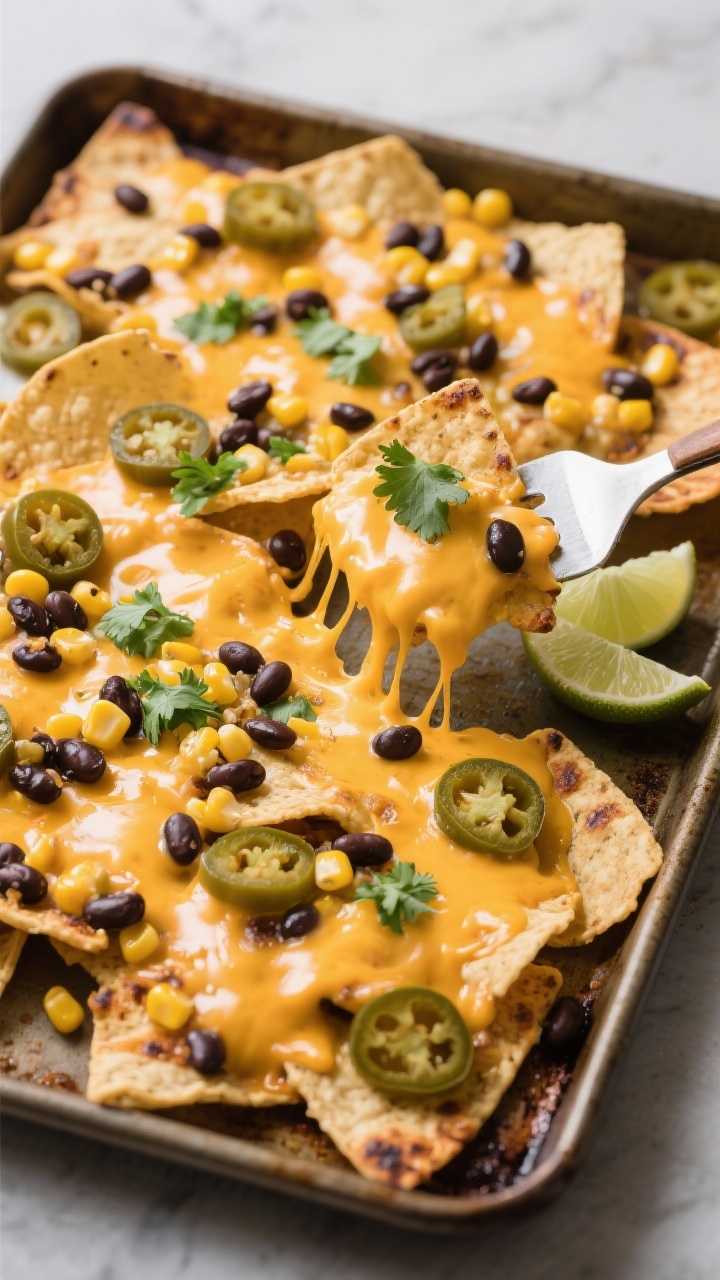 Overhead sheet-pan action shot of nachos just out of the oven: sturdy tortilla chips layered with melted cheddar-jack cheese in bubbly pools, black beans, sweet corn kernels, and scattered pickled jalapeños; edges slightly charred for texture, no soggy spots; a spatula lifting a portion to reveal cheese pull; garnished with chopped cilantro and lime wedges off to the side; high-contrast lighting highlighting crunch and gooey melt.