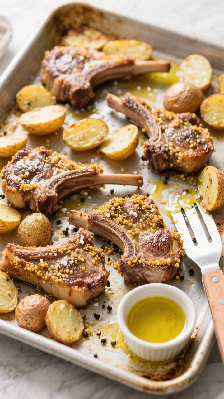 Overhead sheet pan dinner: Dijon-crusted lamb chops arranged among roasted halved baby potatoes; chops coated with a glossy Dijon and olive oil mixture, seasoned with divided kosher salt and black pepper; potatoes blistered and golden with olive oil sheen; a flexible spatula, a small ramekin of Dijon, and a drizzle of oil on the pan’s corner; bright, natural light to emphasize textures, rustic yet tidy styling, appetizing caramelized edges on both lamb and potatoes
