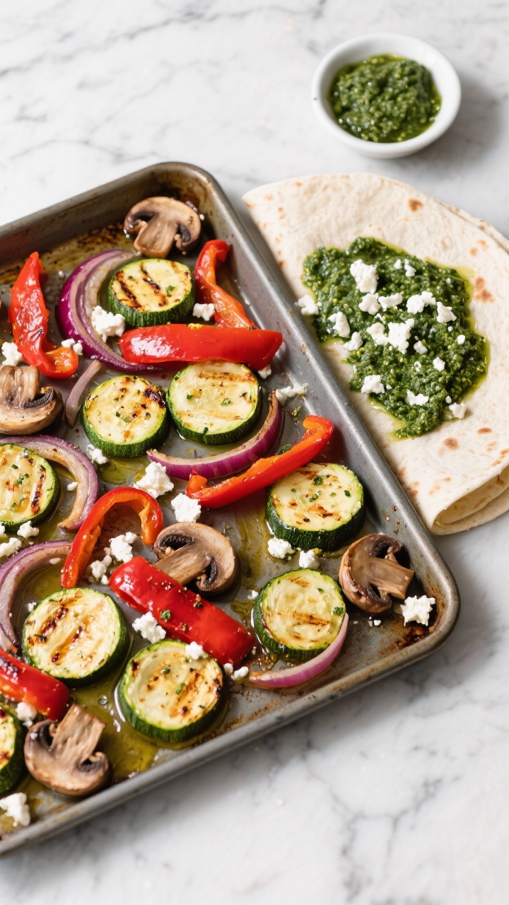 Overhead sheet-pan roast scene for the roasted veggie and pesto goat cheese wrap: zucchini half-moons, red bell pepper strips, red onion slices, and cremini mushrooms tossed in olive oil and a hint of dried Italian seasoning, roasted to caramelized edges. Next to the pan, a tortilla spread with vibrant basil pesto, crumbled goat cheese ready to scatter, and a small dish of extra pesto. Emphasize roasted char, glossy vegetables, and the contrast of creamy goat cheese; clean marble background, tidy styling.
