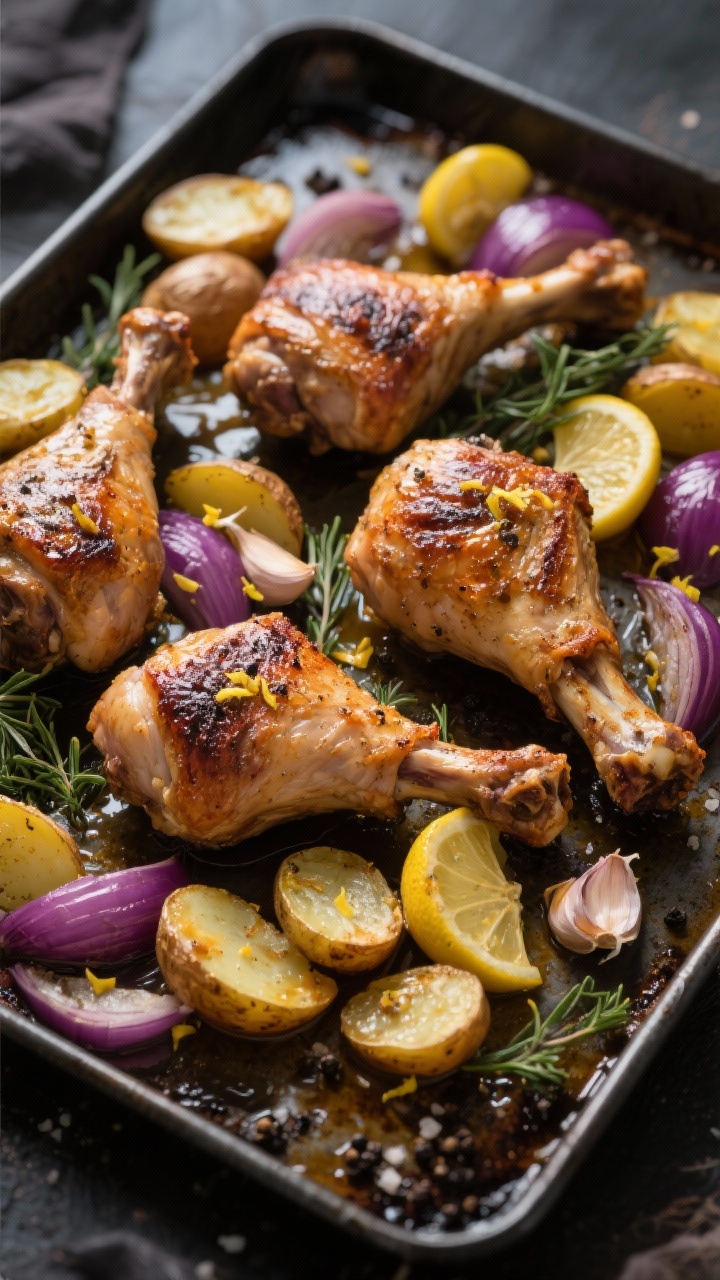 Overhead sheet-pan scene: four bone-in, skin-on turkey thighs roasted until blistered and crispy, nestled among halved baby Yukon gold potatoes and purple-red onion wedges, with lemon zest scattered and lemon wedges caramelized at the edges; smashed cloves of garlic visible, herby potatoes glistening with pan drippings; styled on a dark metal sheet pan with a few sprigs of fresh herbs and flecks of black pepper and sea salt, moody natural light, shallow shadows, ultra-crisp detail of rendered skin and golden potato edges.