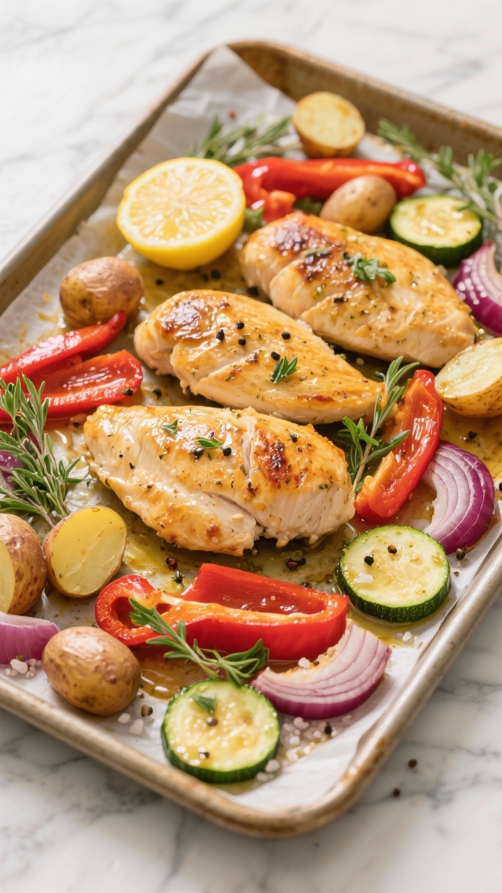 Overhead sheet-pan scene: golden roasted boneless skinless chicken breasts nestled among halved baby potatoes, red bell pepper strips, red onion wedges, and half-moon zucchini slices, all glossed with lemon-herb marinade; visible lemon slices, fresh thyme and parsley sprigs, cracked black pepper, sea salt flakes; set on a parchment-lined rimmed sheet pan over a light marble surface, warm directional light, crisp textures and gentle steam, vibrant reds, greens, and sunny yellows, professional food styling, no people.