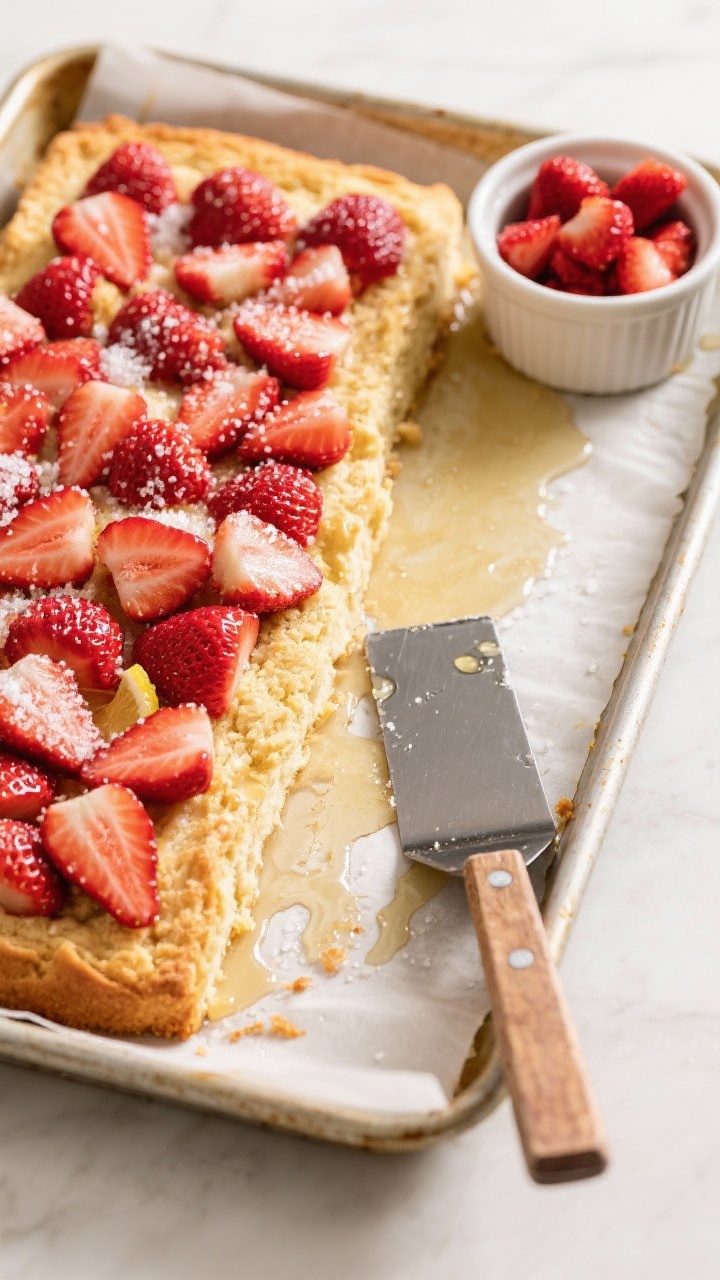 Overhead sheet-pan scene of Strawberry Shortcake for a crowd: a golden, slightly craggy shortcake base filling the pan, topped with macerated sliced strawberries glistening with granulated sugar, vanilla extract, and a hint of lemon juice; visible syrup pooling at the edges, a spatula with a square ready to serve; white ceramic ramekin of extra berries, simple parchment-lined pan on a bright surface, vibrant reds against warm biscuit tones, airy daylight, no people.