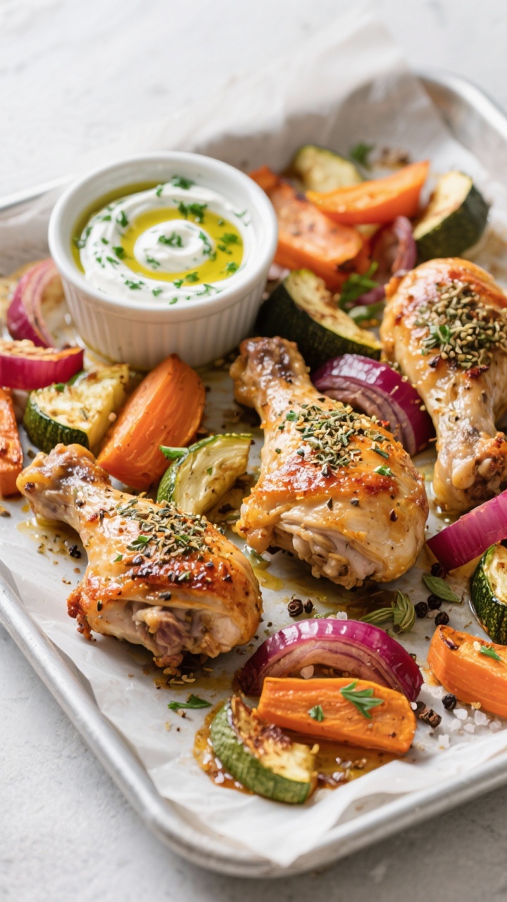 Overhead sheet-pan scene of za’atar chicken with roasted vegetables and herby yogurt: bone-in, skin-on chicken thighs roasted to bronzed, crackling skin, dusted with extra za’atar; surrounding wedges of colorful vegetables (e.g., carrots, red onion, zucchini) caramelized at the edges, kissed with cumin, coriander, black pepper, and kosher salt; a ramekin of thick herby yogurt sauce swirled with olive oil and flecks of green herbs; minimalist baking sheet on parchment, clean Mediterranean styling.