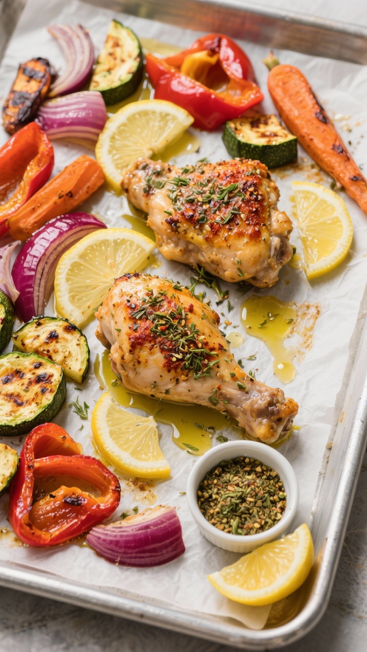 Overhead sheet-pan scene of za’atar lemon chicken thighs with roasted vegetables: boneless skinless thighs rubbed with olive oil, za’atar, smoked paprika, kosher salt, black pepper; lemon juice and thin lemon slices scattered. Surround with colorful roasted veg (red onions, carrots, zucchini, and bell peppers) caramelized at the edges. A small ramekin of extra za’atar and a juiced lemon half on the pan corner, glistening olive oil puddles, crispy char spots. Bright, herb-forward Middle Eastern vibe on a parchment-lined metal tray.