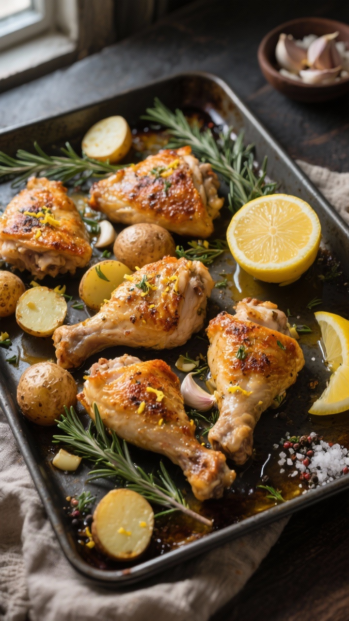 Overhead sheet-pan shot: golden, crispy bone-in, skin-on chicken thighs nestled with halved baby potatoes on a dark metal sheet tray; visible lemon zest flecks on the blistered skin, glistening garlic bits, and sprigs of fresh rosemary and chopped thyme scattered throughout; a cut lemon with juice pooling on the pan and extra lemon wedges at the side; coarse salt and cracked pepper grains visible; moody natural window light from the left, shallow shadows, emphasizing crackly chicken skin and herb-crusted potato edges; no people, rustic linen and a small bowl of minced garlic in the background.